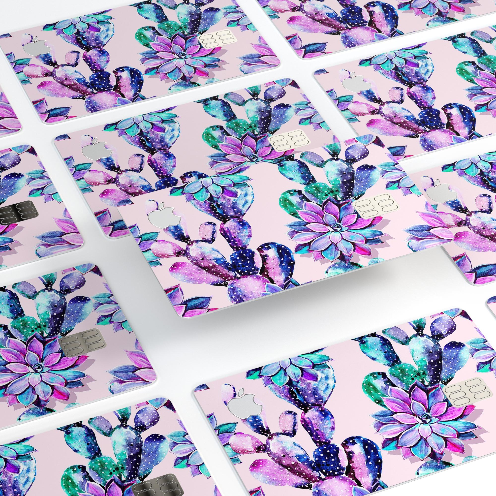 Watercolor Cactus Succulent Bloom V15 decal on an Apple Card, showcasing vibrant colors and a protective design.