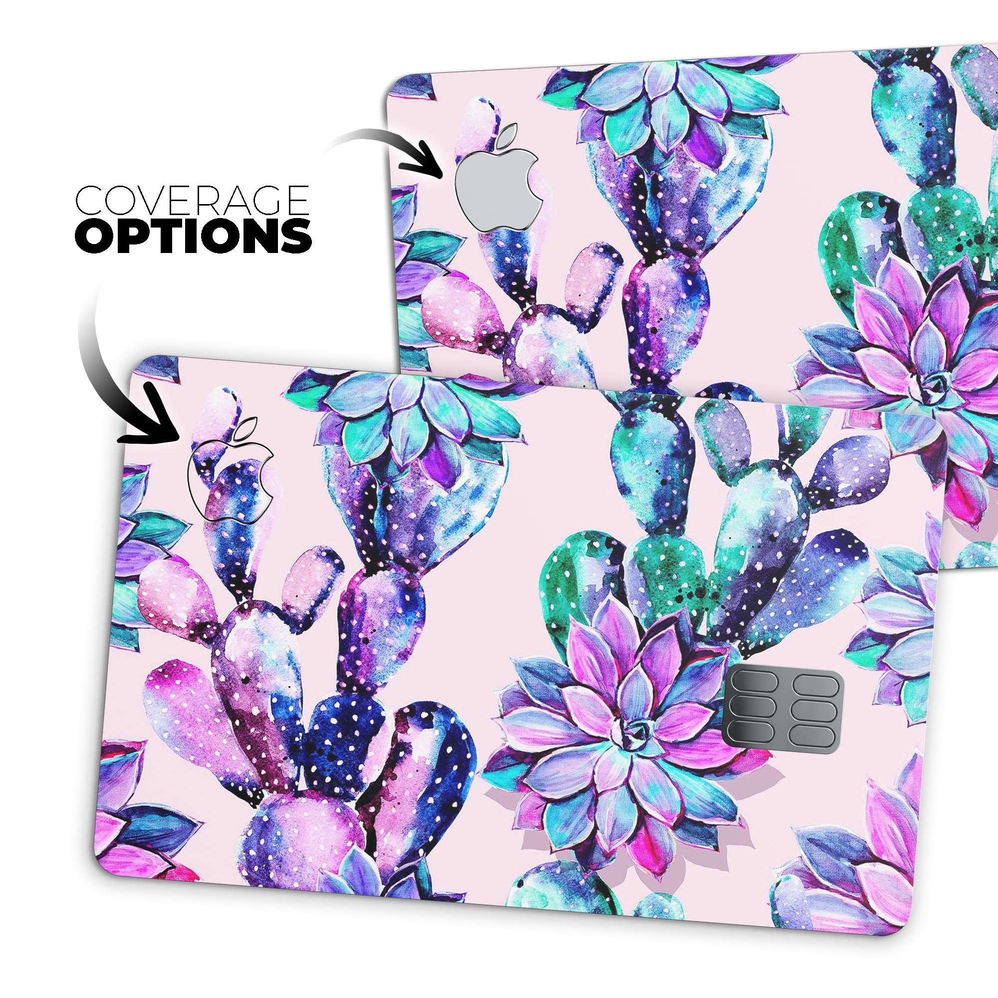 Watercolor Cactus Succulent Bloom V15 decal on an Apple Card, showcasing vibrant colors and a protective design.