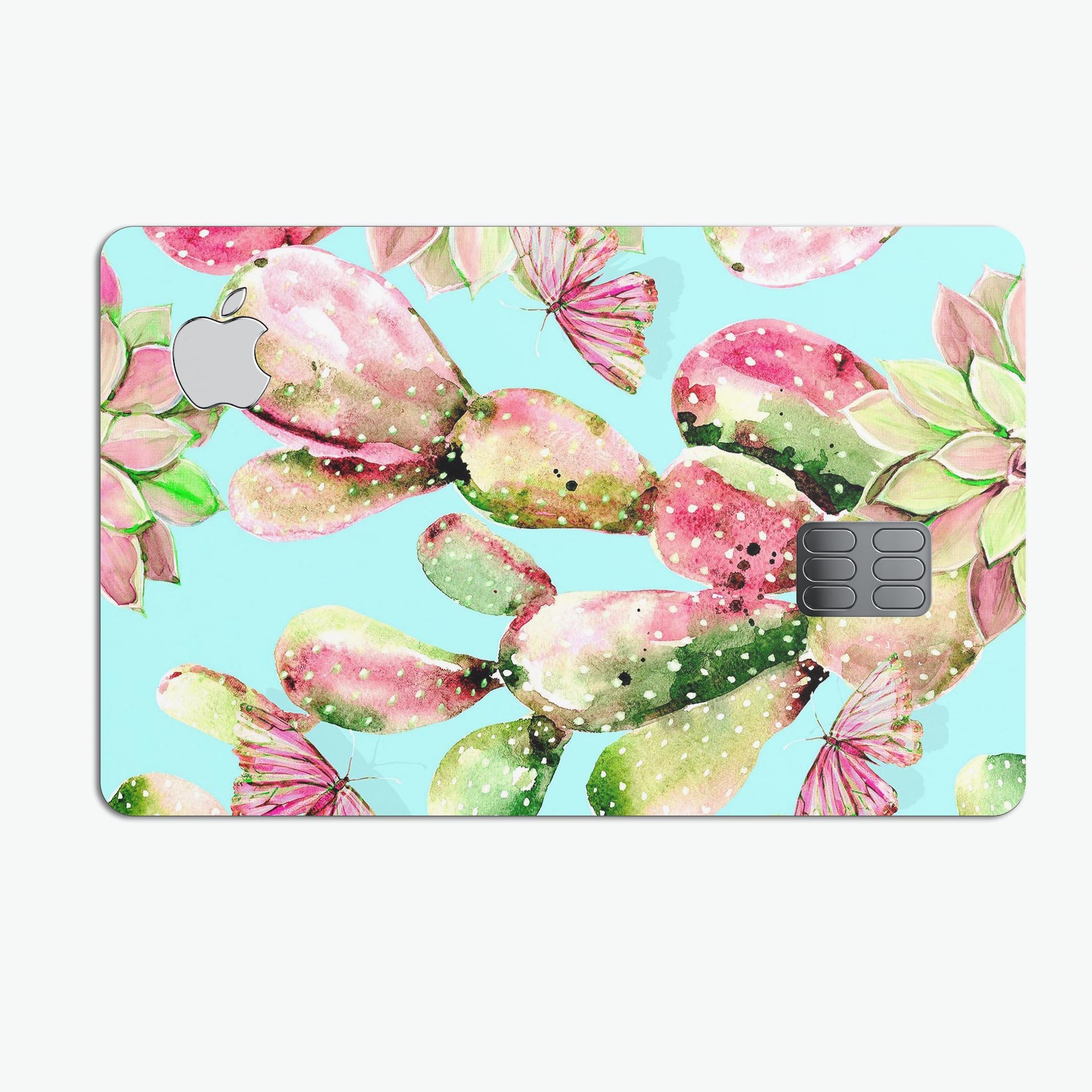 Watercolor Cactus Succulent Bloom V3 decal on an Apple Card, showcasing vibrant colors and a protective design.