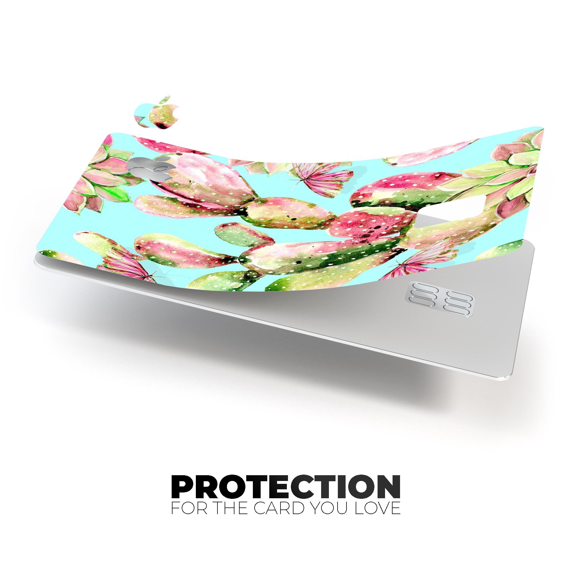 Watercolor Cactus Succulent Bloom V3 decal on an Apple Card, showcasing vibrant colors and a protective design.