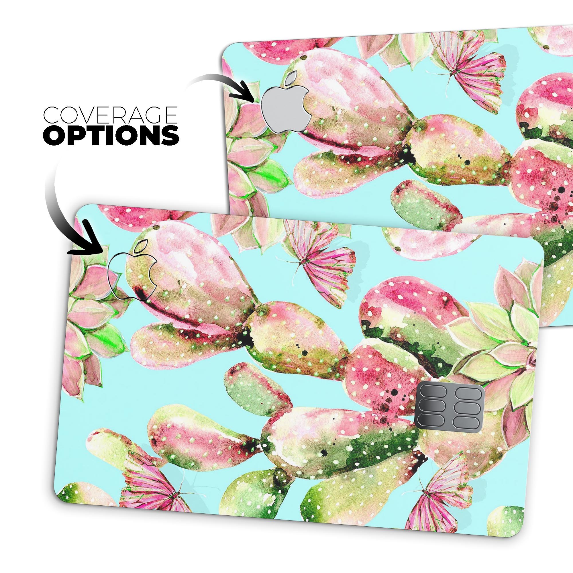 Watercolor Cactus Succulent Bloom V3 decal on an Apple Card, showcasing vibrant colors and a protective design.