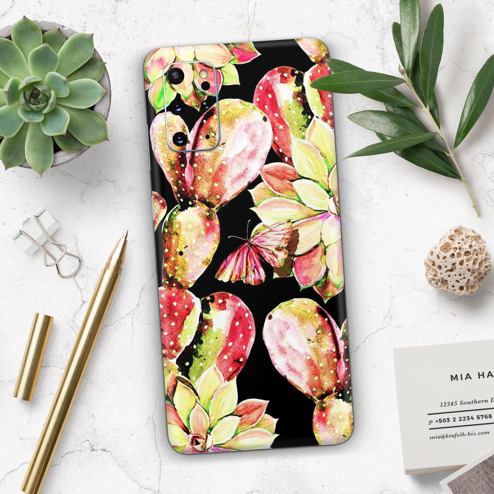 Watercolor Cactus Succulent Bloom V5 skin for Samsung Galaxy, showcasing vibrant cactus design on a sleek vinyl surface.