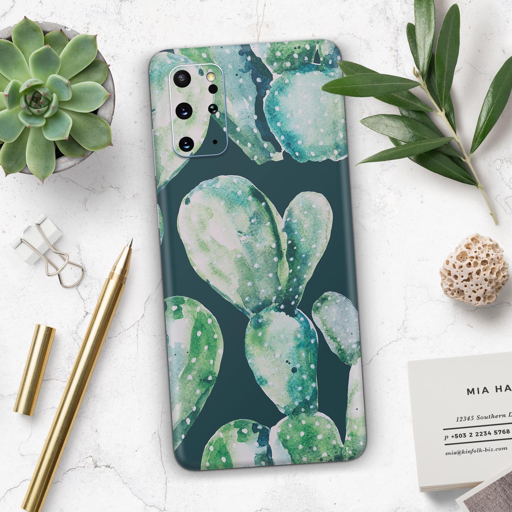 Watercolor Cactus Succulent Bloom V7 skin for Samsung Galaxy, featuring vibrant cactus designs on a premium vinyl material.