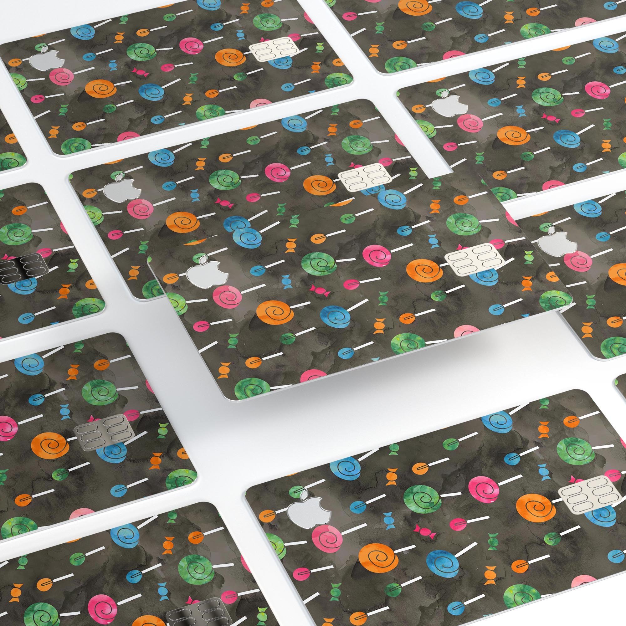 Watercolor Candy Pattern decal skin for Apple Card, showcasing vibrant colors and a protective design.