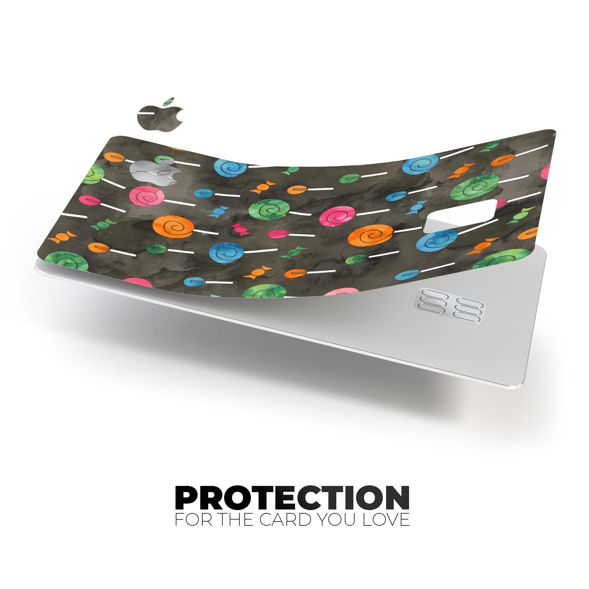 Watercolor Candy Pattern decal skin for Apple Card, showcasing vibrant colors and a protective design.