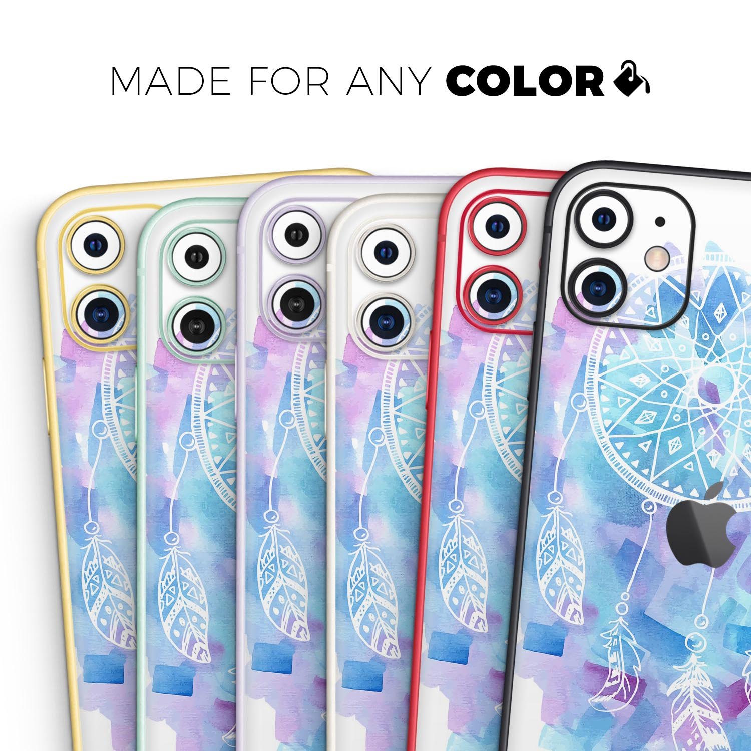 Watercolor Dreamcatcher Skin-Kit for Apple iPhone, showcasing vibrant colors and intricate design on a sleek vinyl surface.