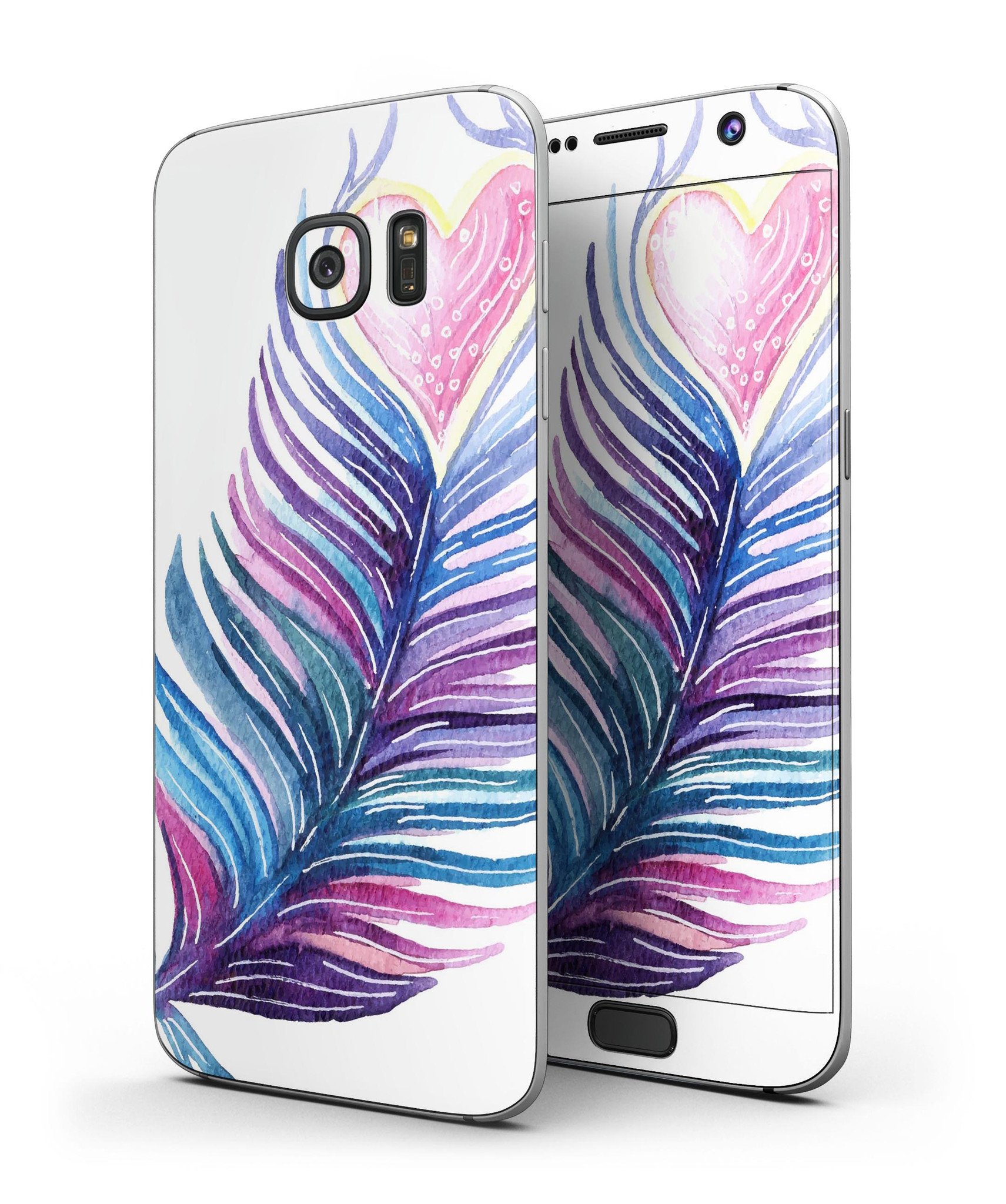 Watercolor Heart Feather skin kit for Samsung Galaxy S7 and S7 Edge, showcasing vibrant colors and premium vinyl material.