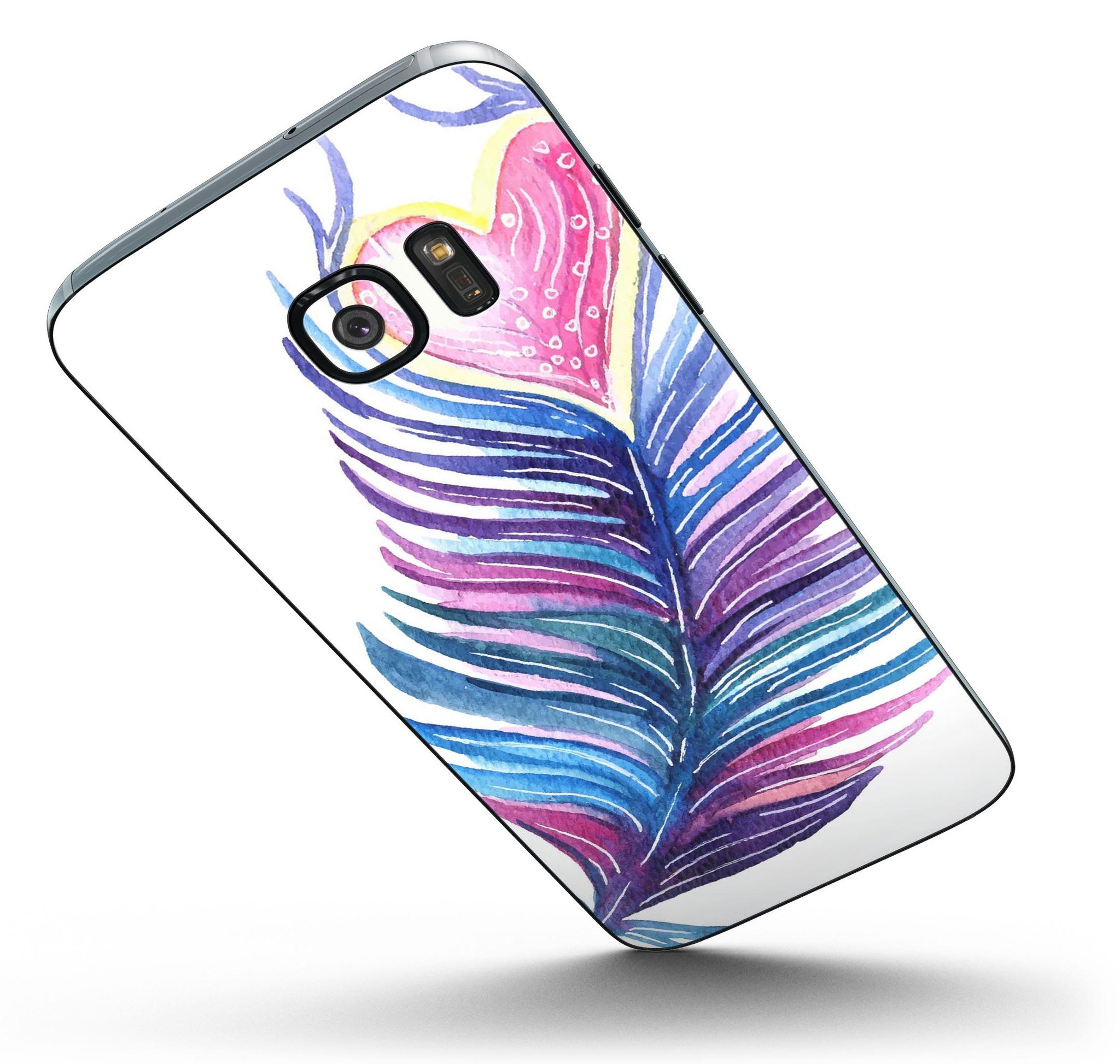 Watercolor Heart Feather skin kit for Samsung Galaxy S7 and S7 Edge, showcasing vibrant colors and premium vinyl material.