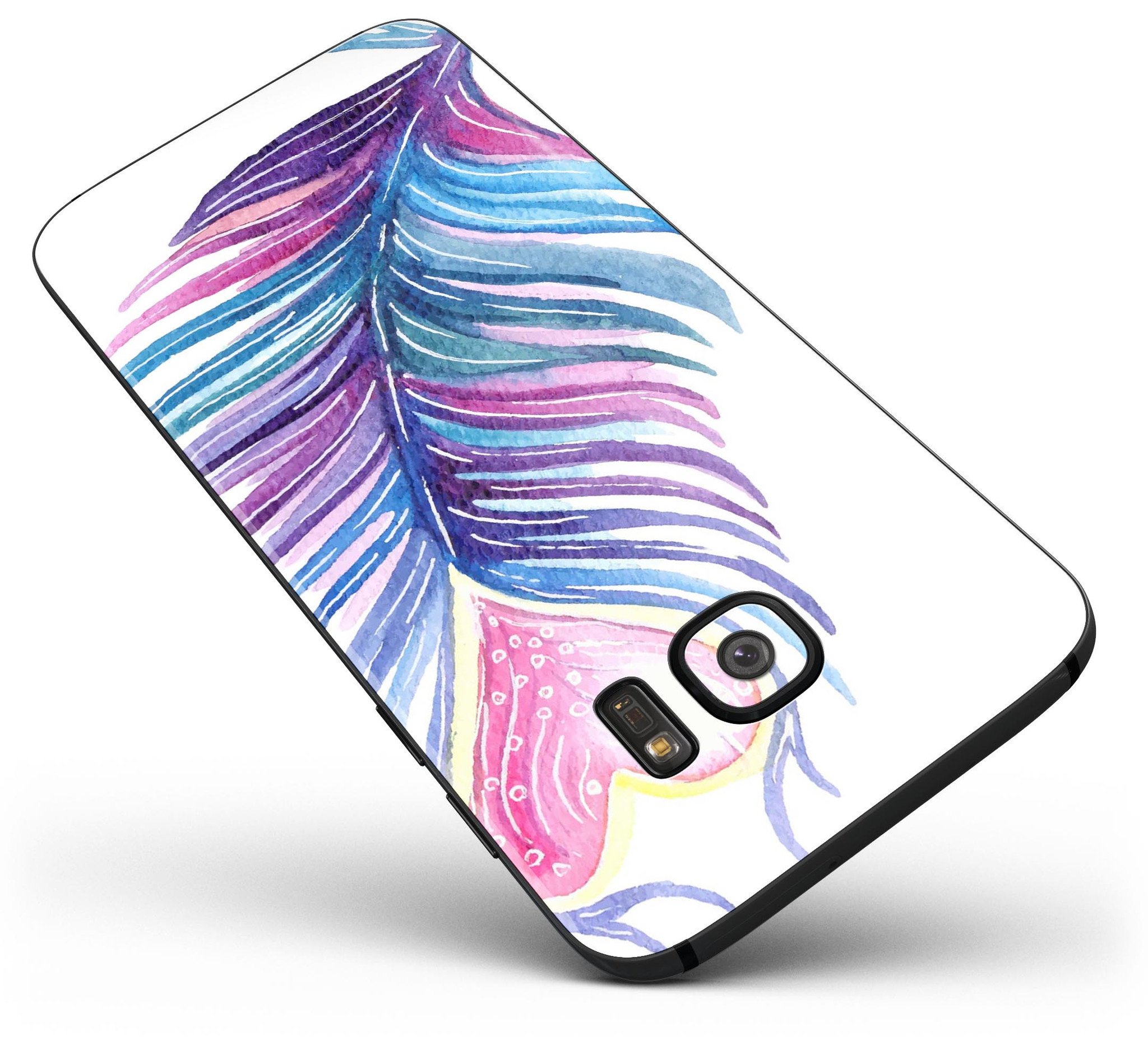 Watercolor Heart Feather skin kit for Samsung Galaxy S7 and S7 Edge, showcasing vibrant colors and premium vinyl material.