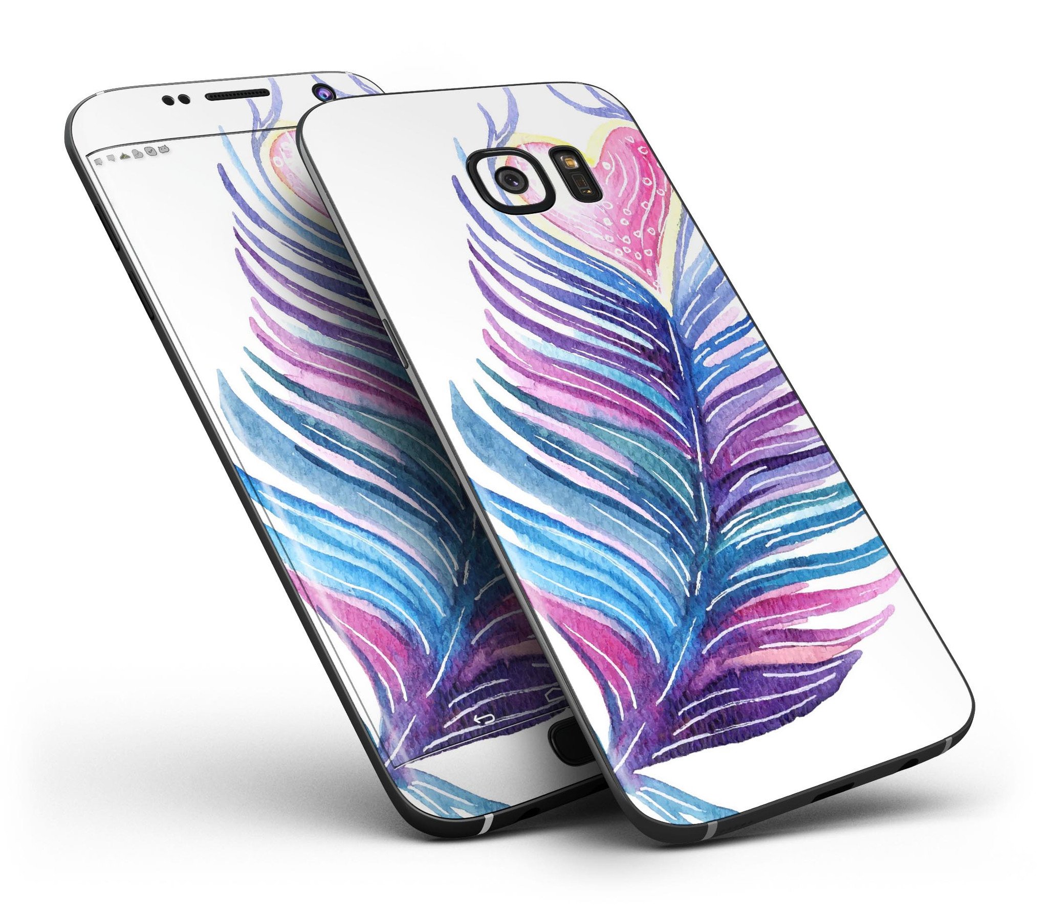 Watercolor Heart Feather skin kit for Samsung Galaxy S7 and S7 Edge, showcasing vibrant colors and premium vinyl material.