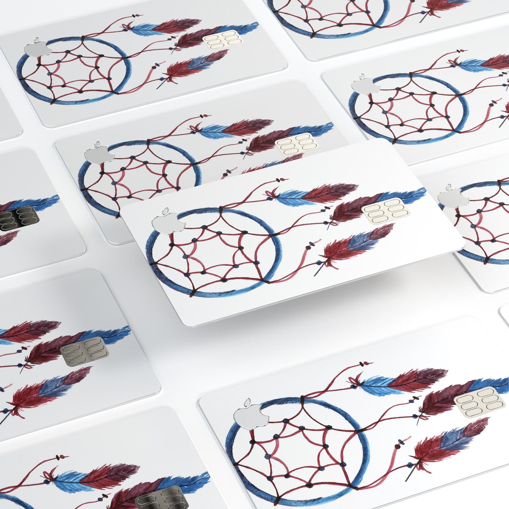 Watercolor Red and Blue Toned Dream Catcher decal for Apple Card, showcasing vibrant colors and intricate design.