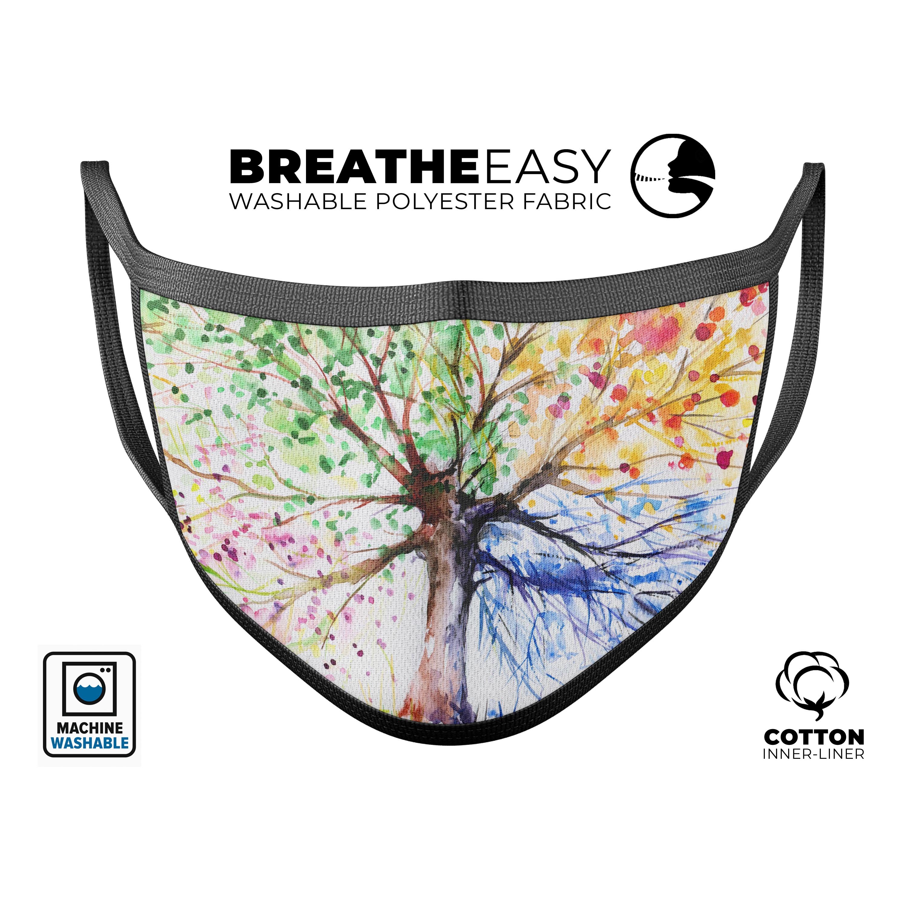 WaterColor Vivid Tree mouth cover featuring a vibrant tree design, made in the USA, adjustable ear loops for a perfect fit.