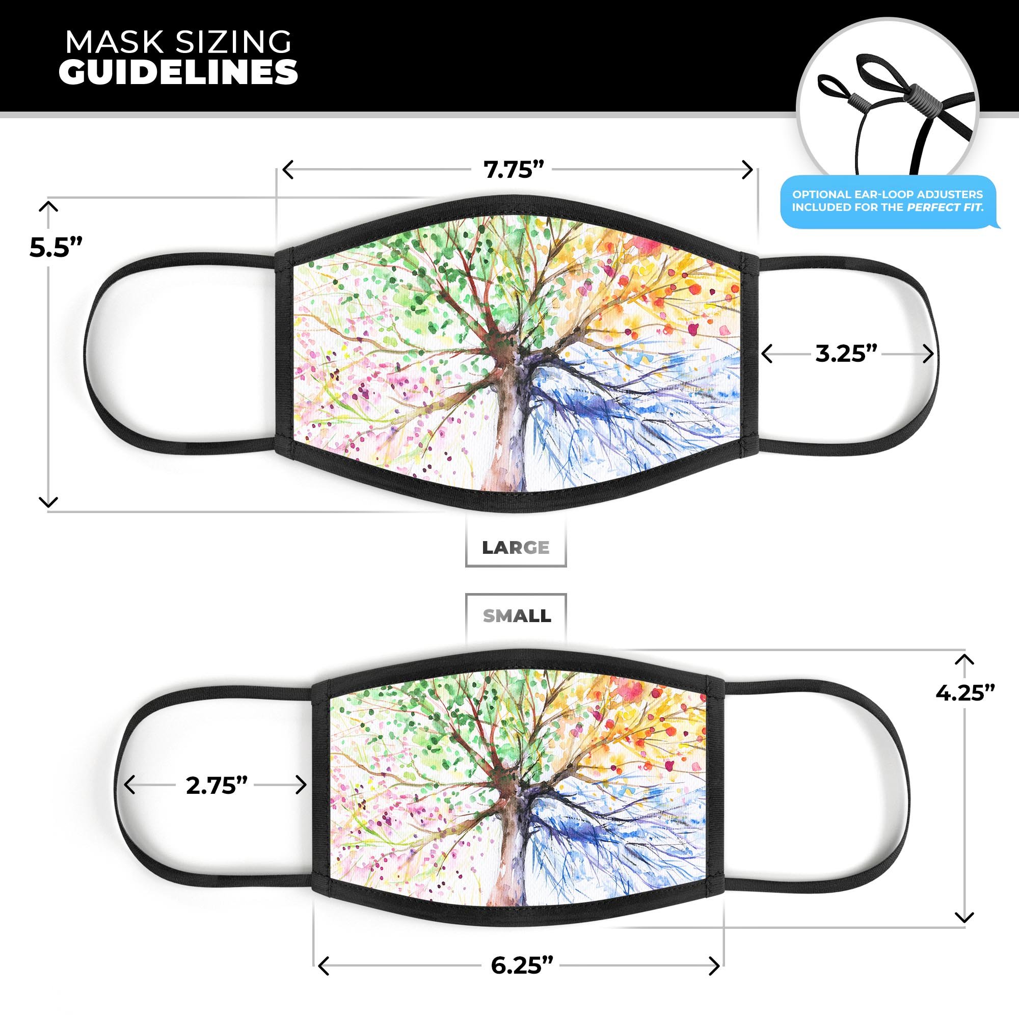 WaterColor Vivid Tree mouth cover featuring a vibrant tree design, made in the USA, adjustable ear loops for a perfect fit.