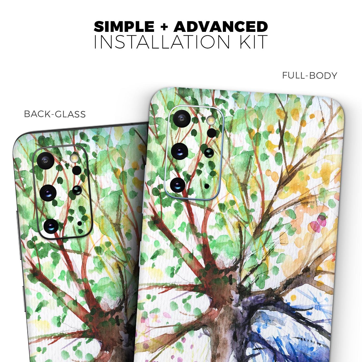 WaterColor Vivid Tree Skin-Kit for Samsung Galaxy S20, showcasing vibrant colors and a sleek design.