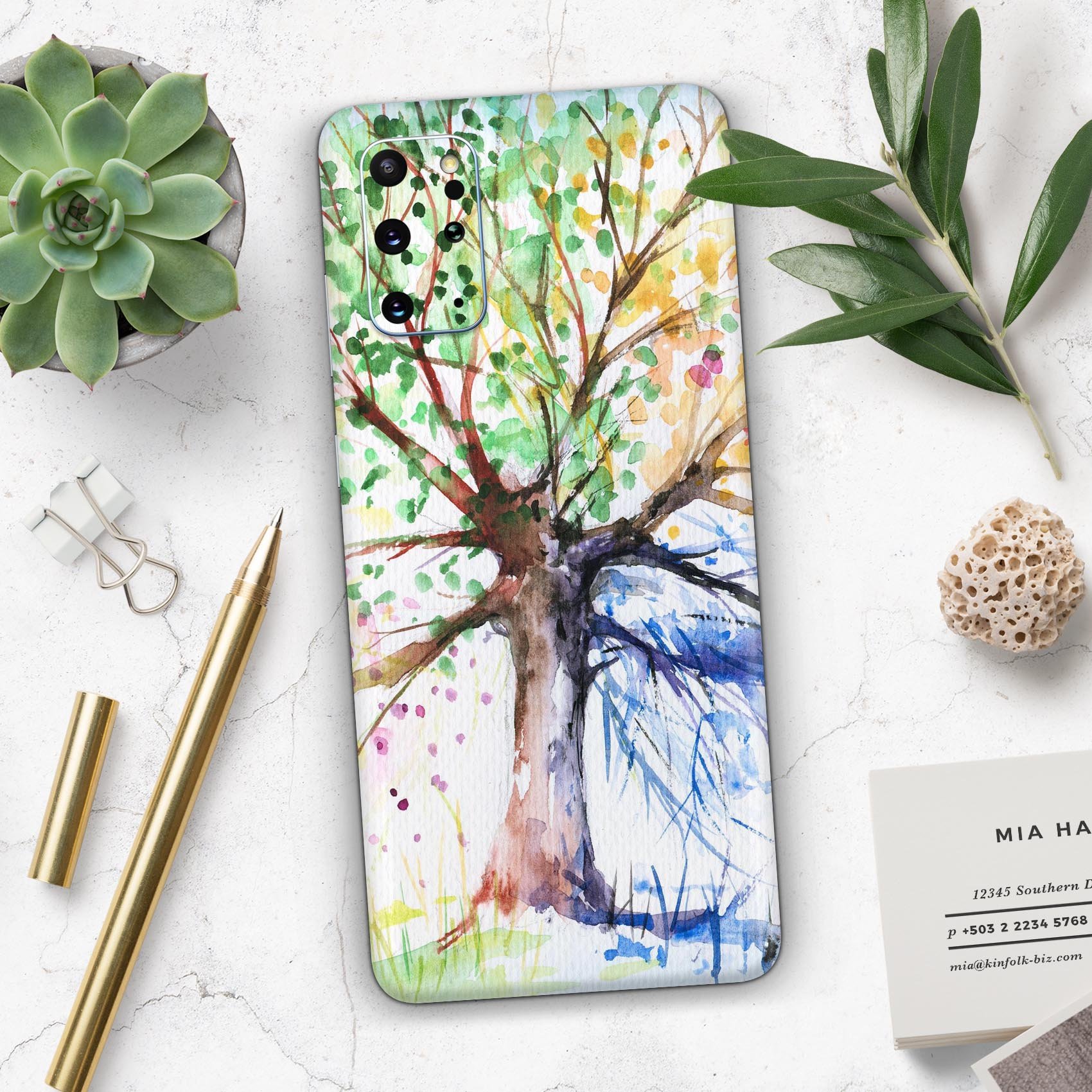 WaterColor Vivid Tree Skin-Kit for Samsung Galaxy S20, showcasing vibrant colors and a sleek design.