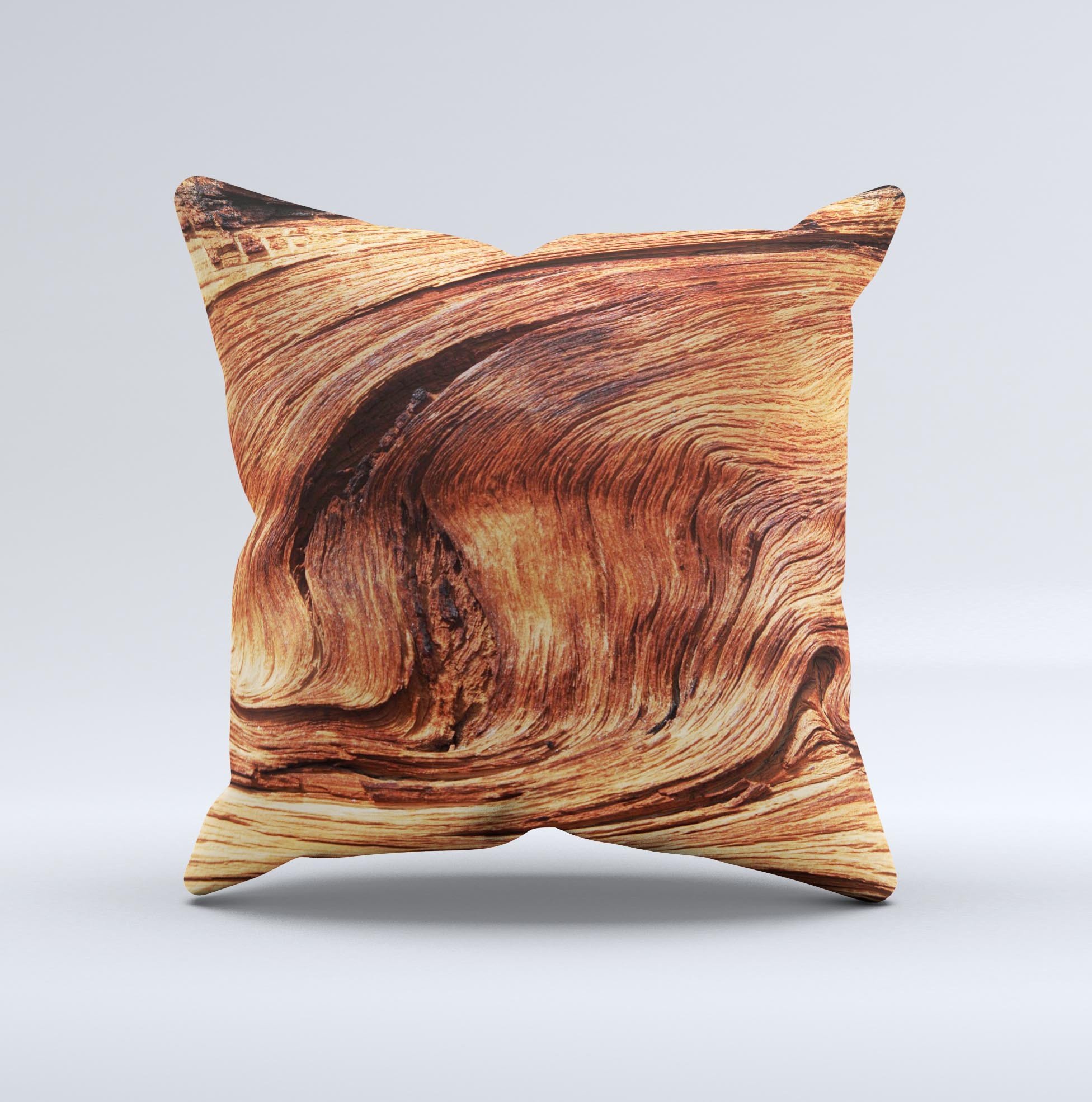 Wavy Bright Wood Knot Ink-Fuzed Decorative Throw Pillow showcasing unique handmade design and vibrant colors.