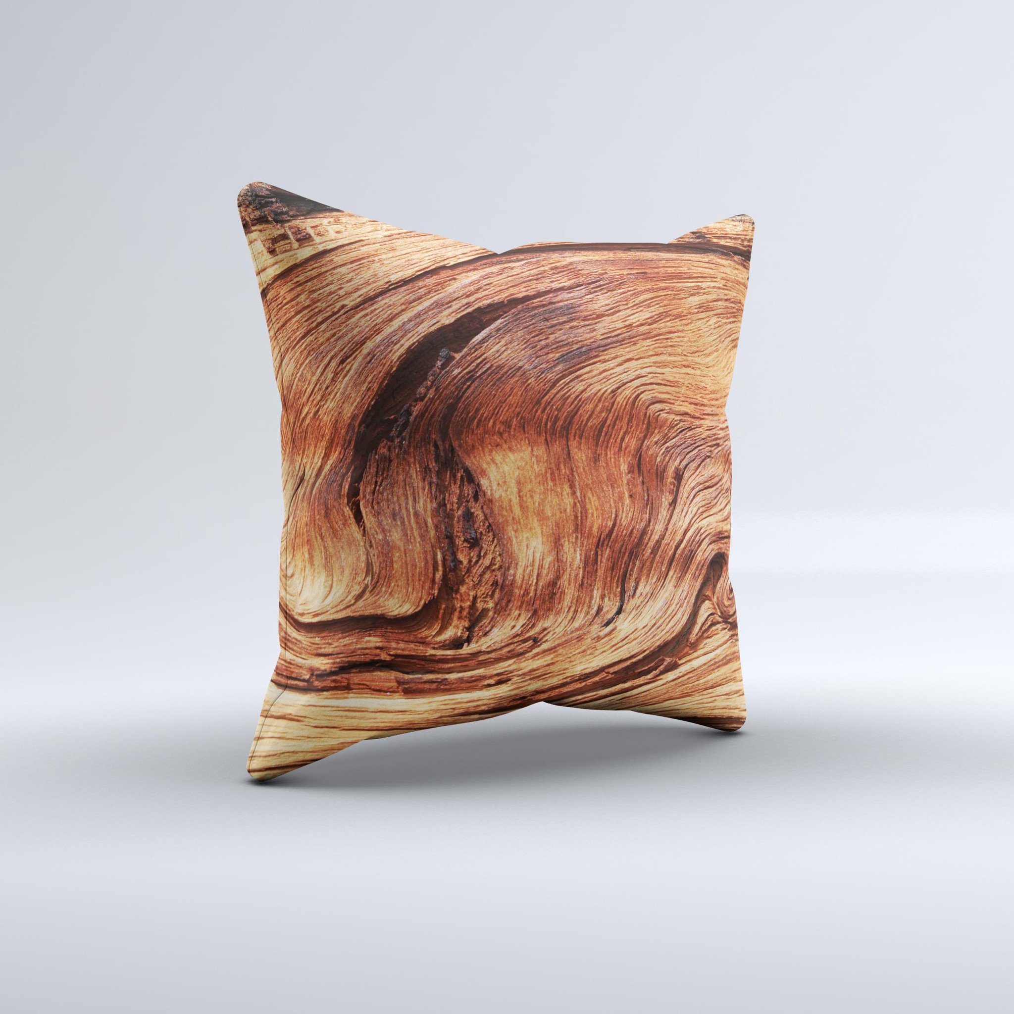 Wavy Bright Wood Knot Ink-Fuzed Decorative Throw Pillow showcasing unique handmade design and vibrant colors.