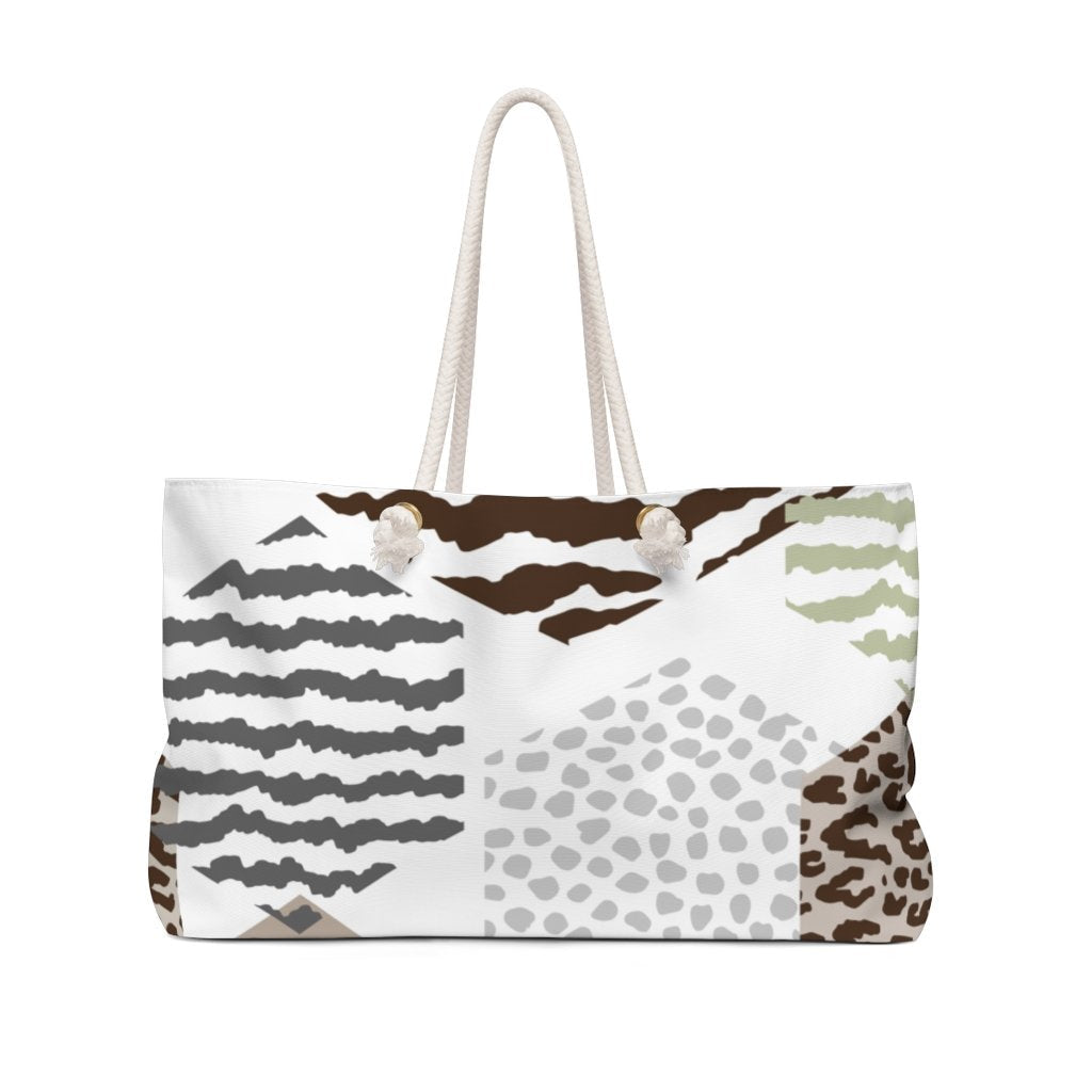 Brown Taupe Print Weekender Tote Bag with thick rope handles, spacious design, and durable material, perfect for beach or city outings.