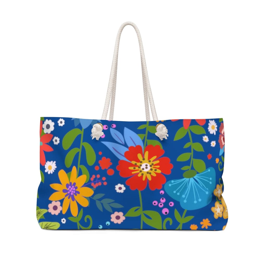 Floral Print Weekender Tote Bag in Blue with thick rope handles, spacious interior, and stylish design, perfect for beach trips and casual outings.