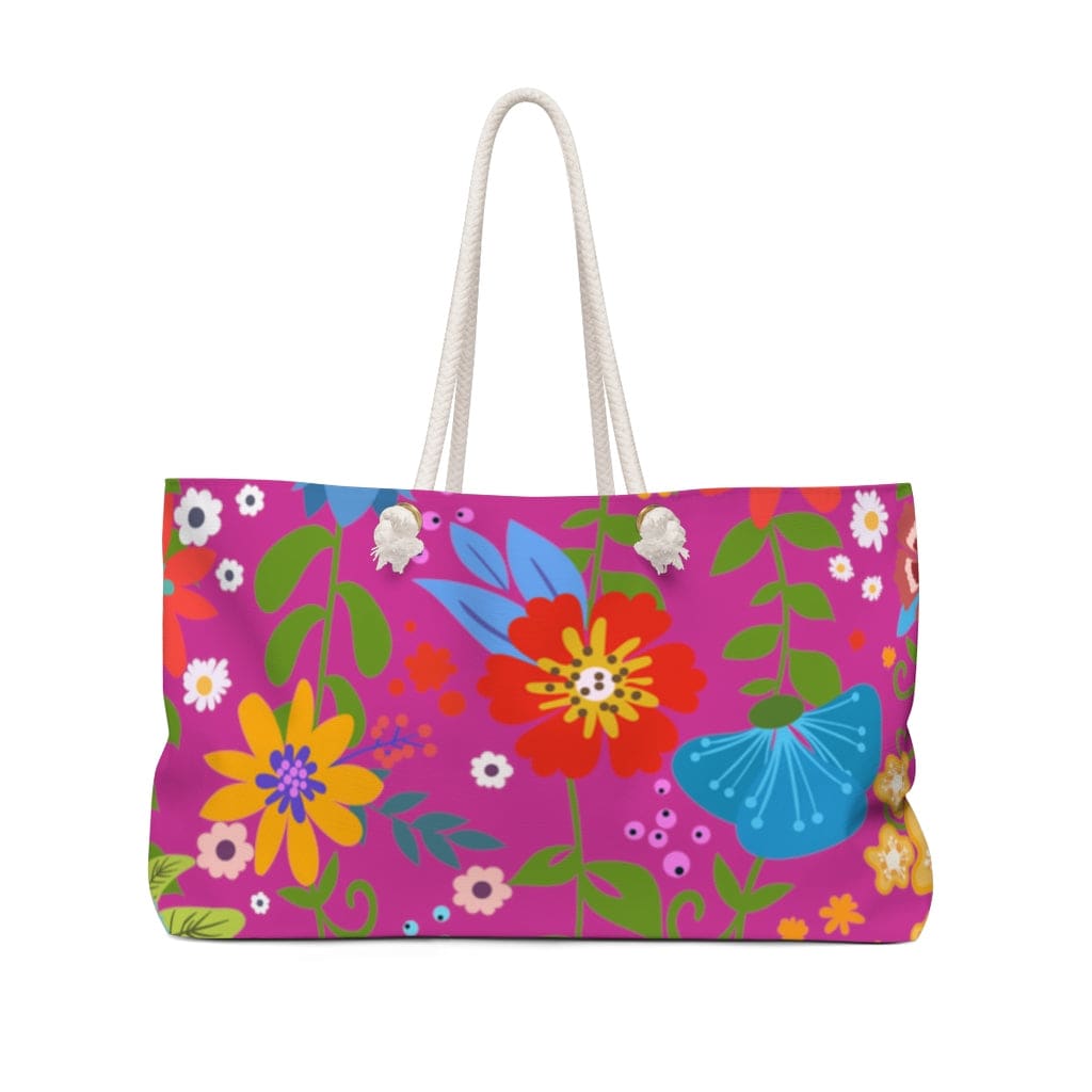 Floral Print Weekender Tote Bag in Pink with thick rope handles, spacious design, and stylish floral pattern, perfect for beach trips and casual outings.