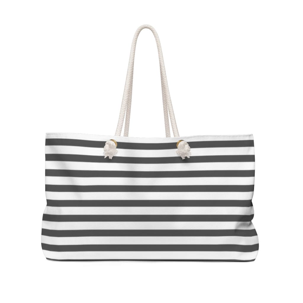 Stylish grey and white striped Weekender Tote Bag with thick rope handles, perfect for travel and daily use.