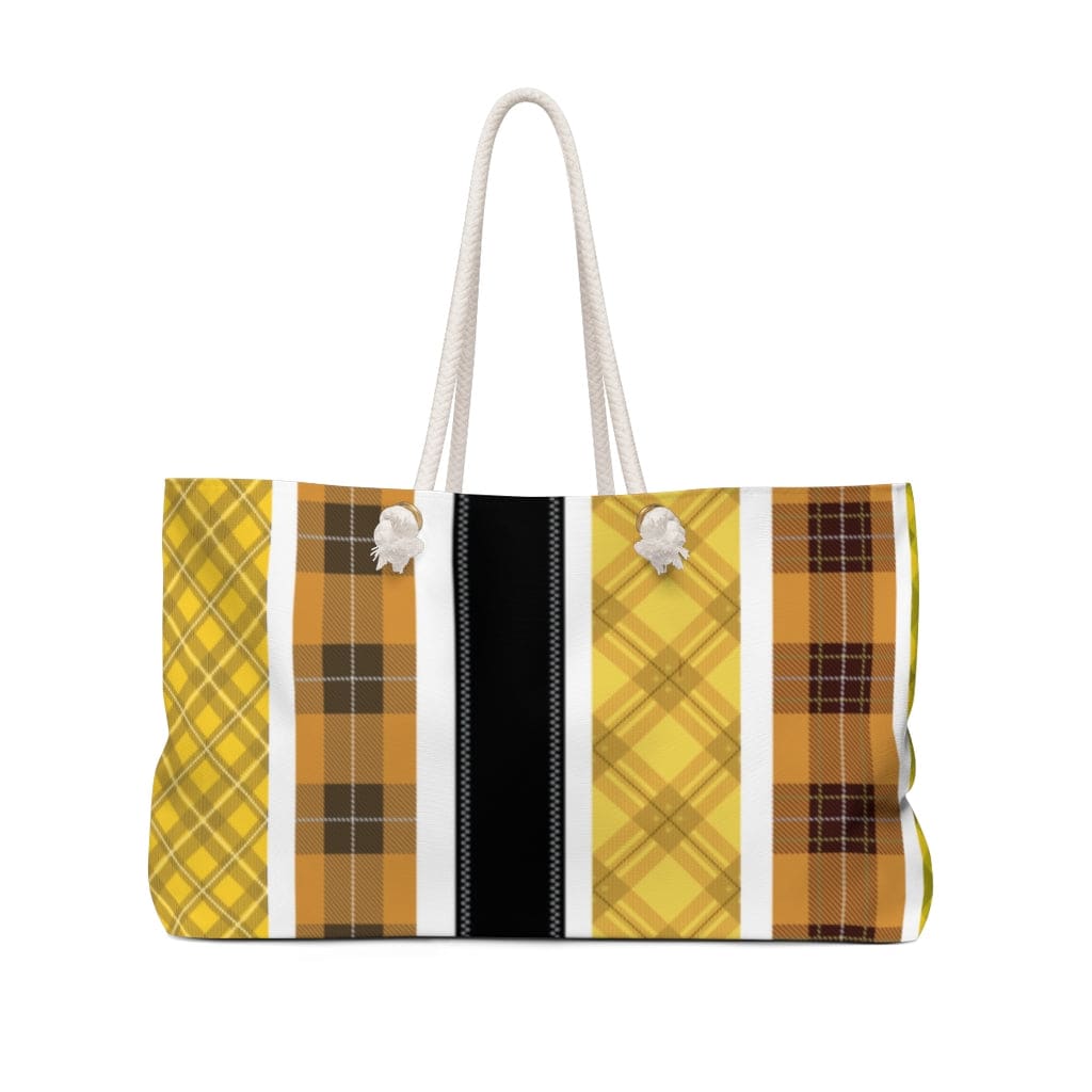 Yellow Tartan Plaid Weekender Tote Bag with thick rope handles, spacious design, and durable fabric, perfect for beach trips and casual outings.