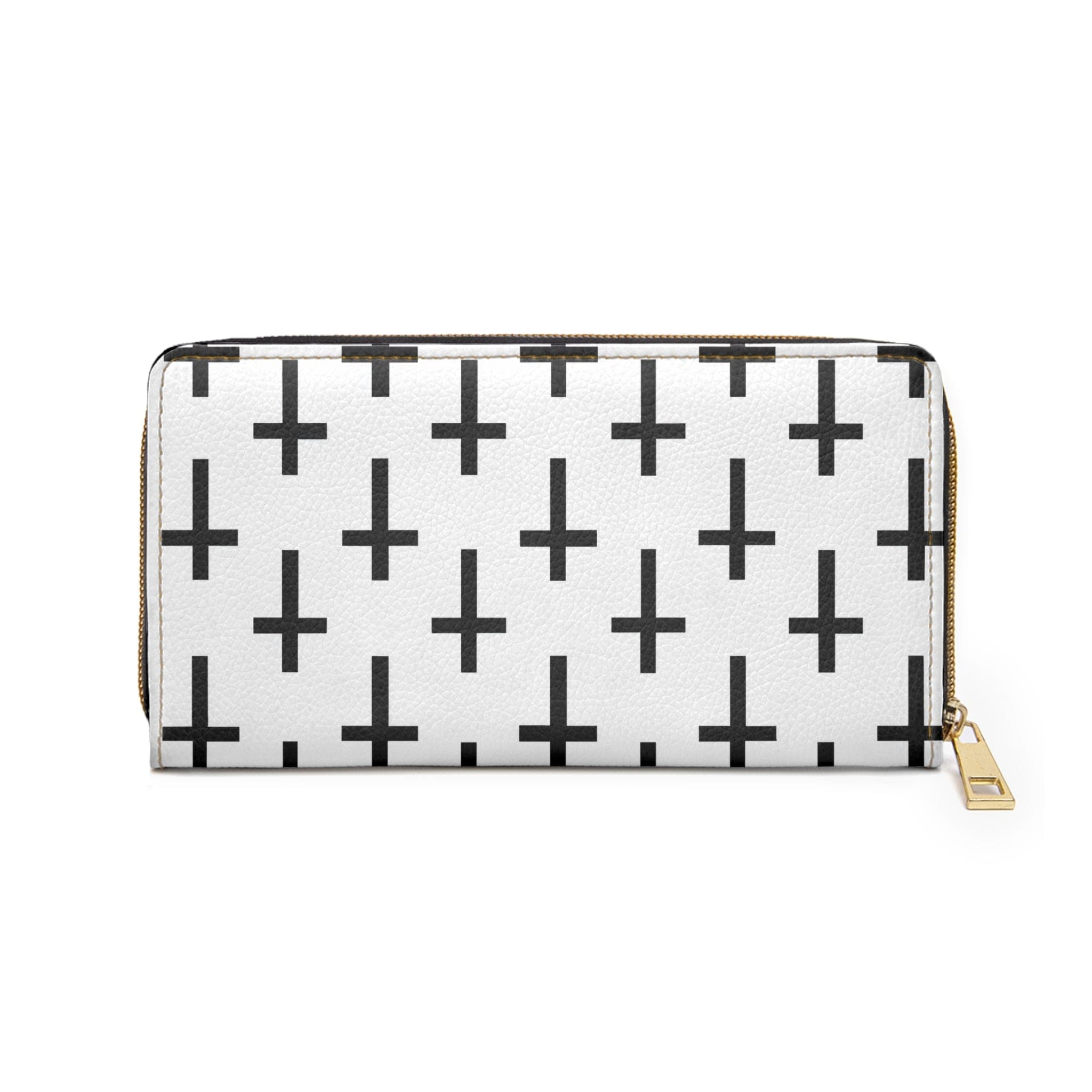 White and black seamless cross pattern women's zipper wallet clutch showcasing its stylish design and functional compartments.