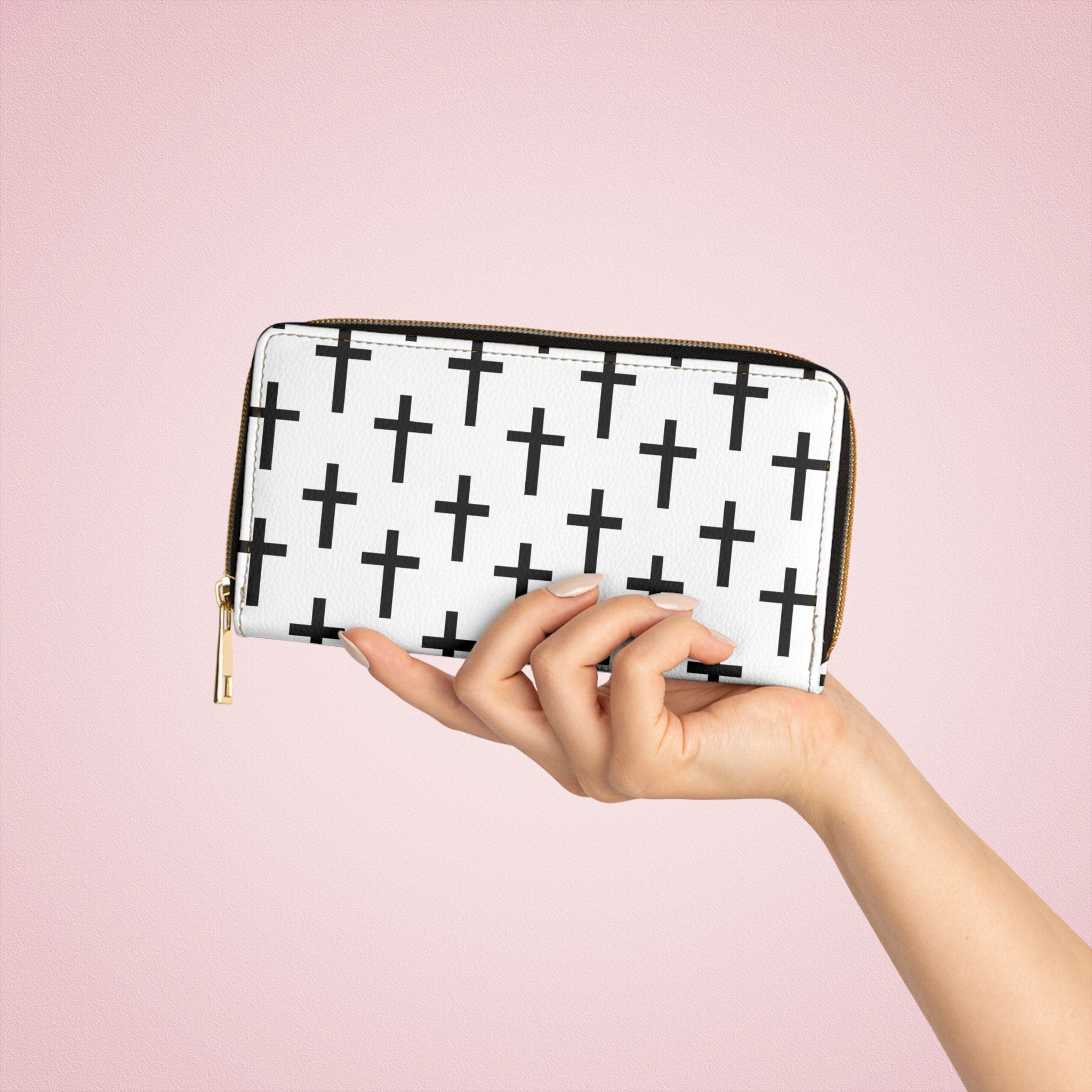 White and black seamless cross pattern women's zipper wallet clutch showcasing its stylish design and functional compartments.