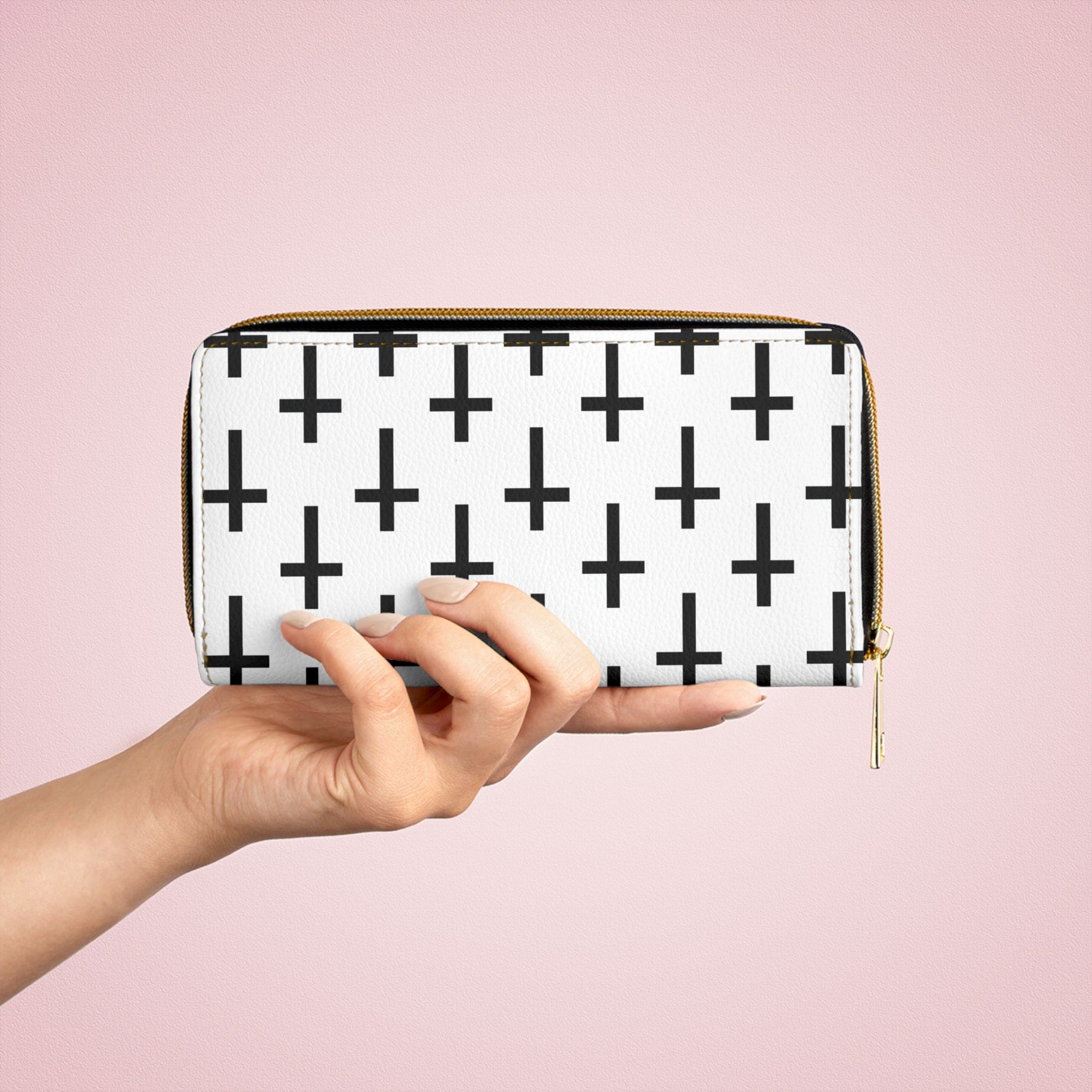 White and black seamless cross pattern women's zipper wallet clutch showcasing its stylish design and functional compartments.