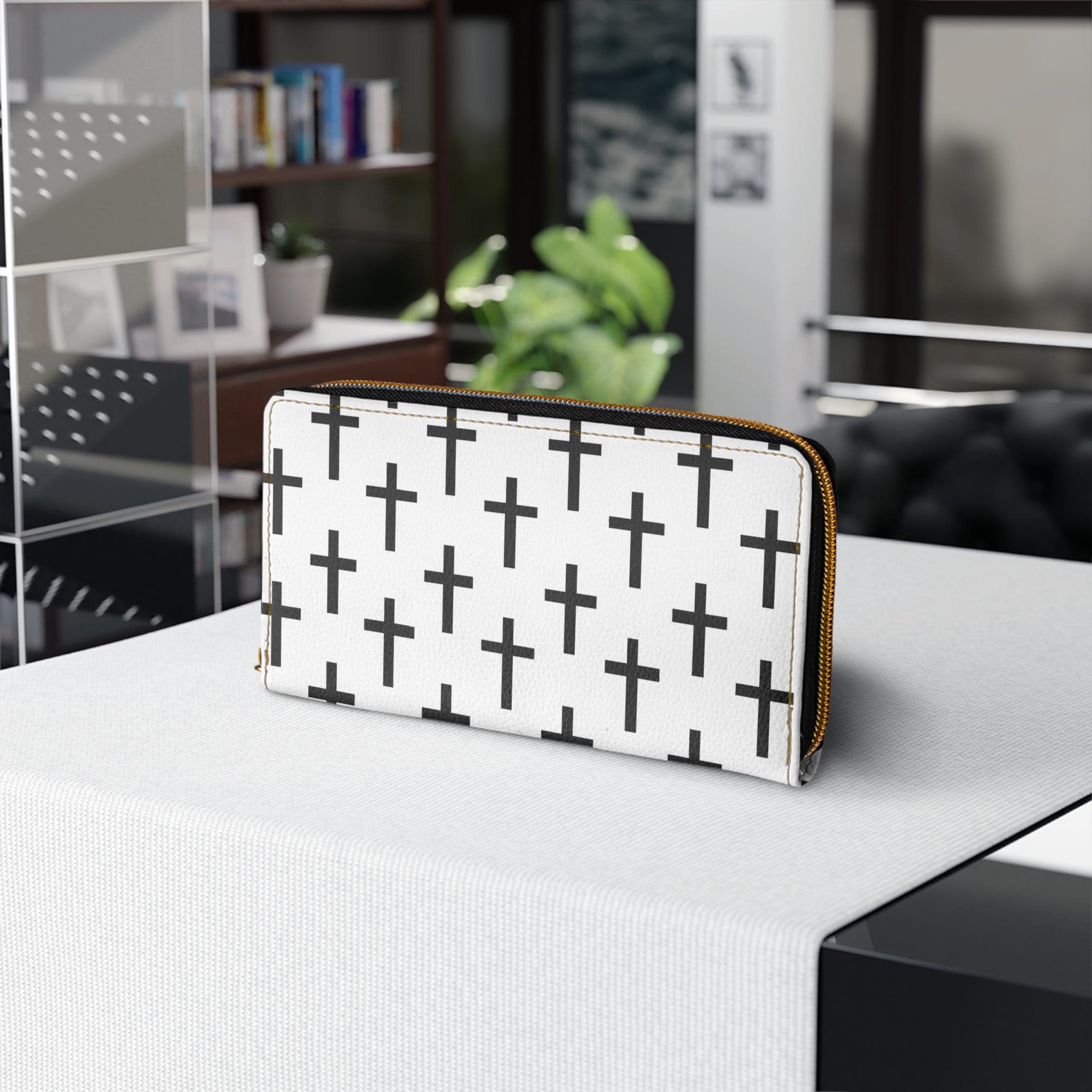 White and black seamless cross pattern women's zipper wallet clutch showcasing its stylish design and functional compartments.