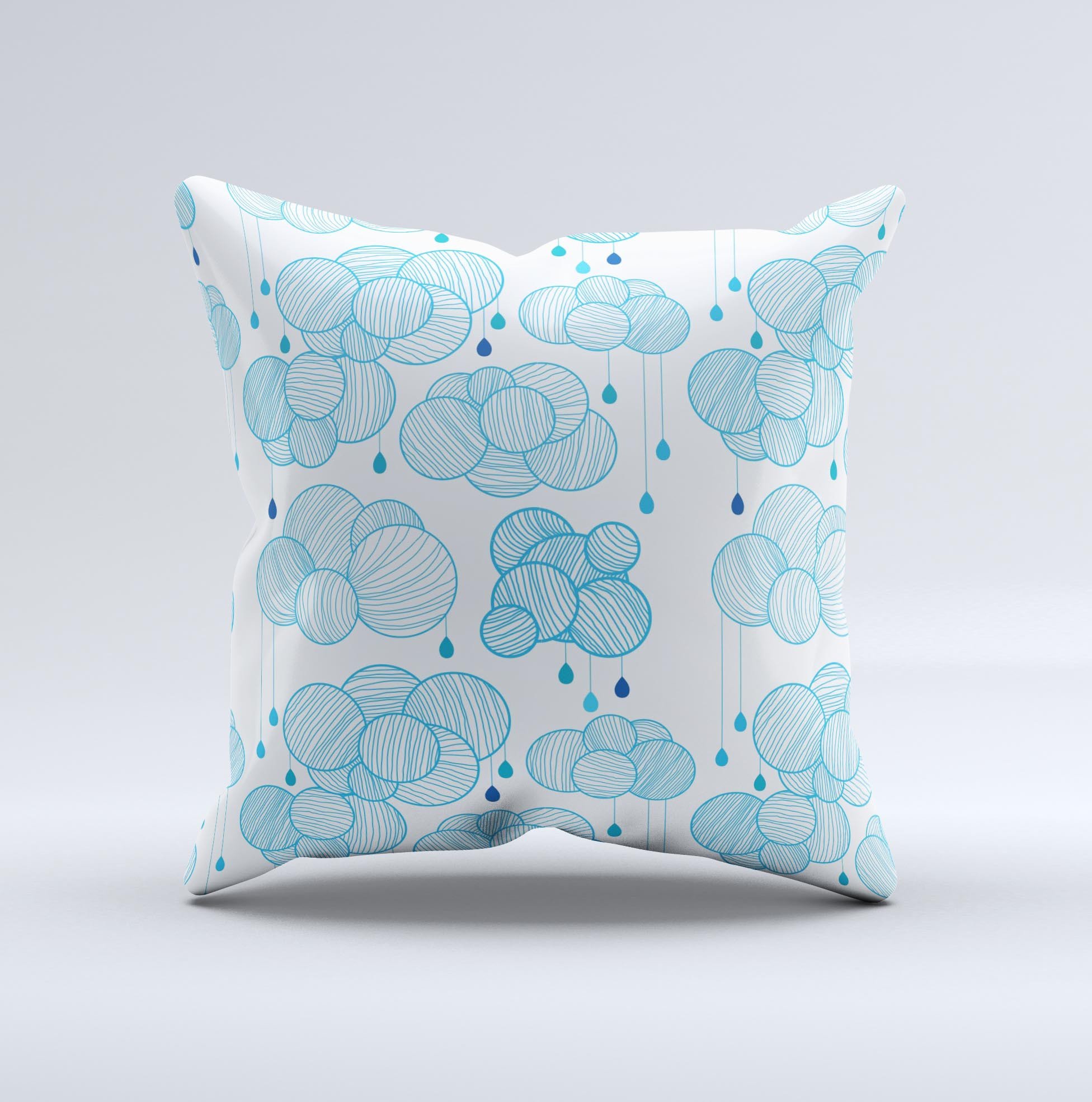 Handcrafted White and Blue Raining Yarn Clouds decorative throw pillow with high thread count fabric and unique design.