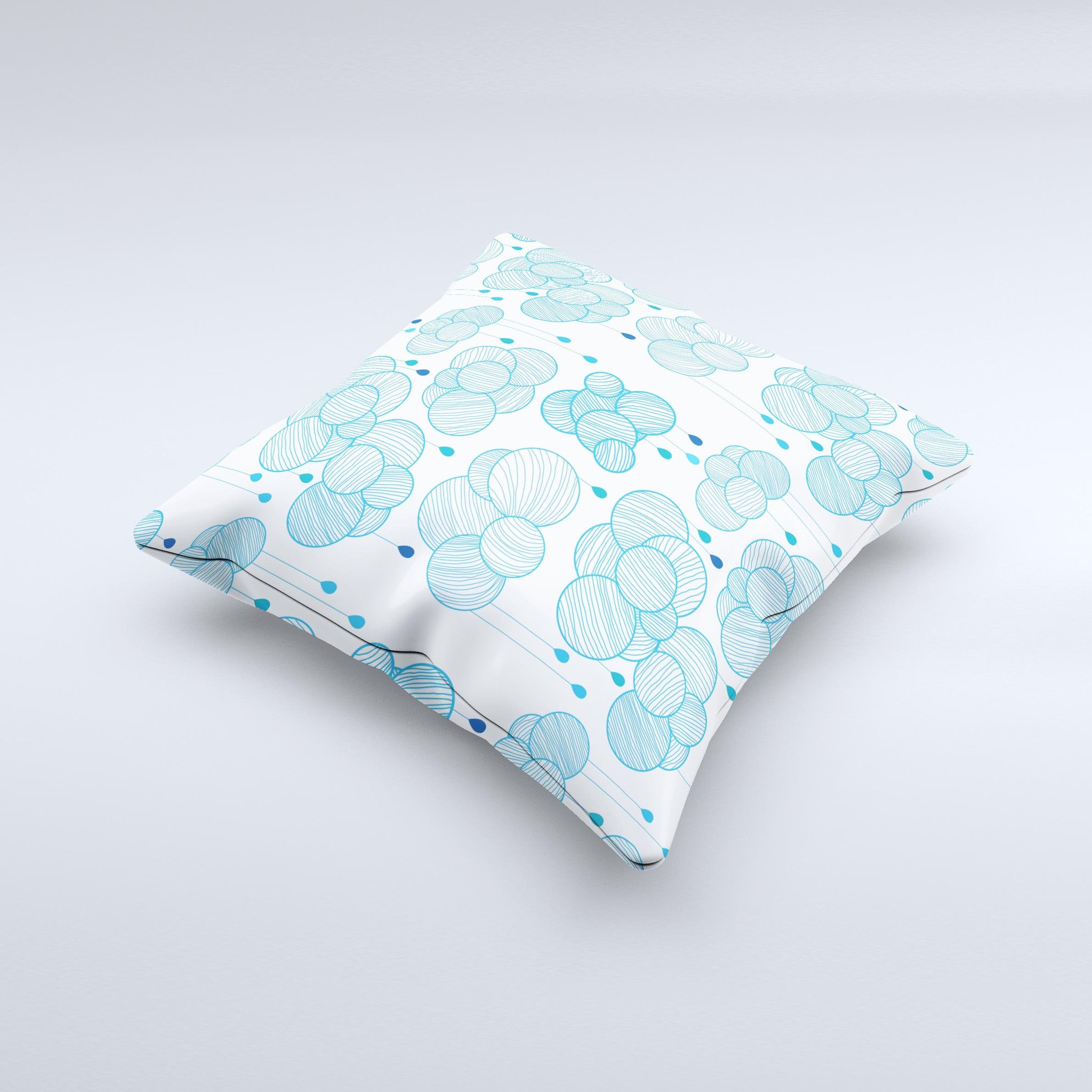 Handcrafted White and Blue Raining Yarn Clouds decorative throw pillow with high thread count fabric and unique design.