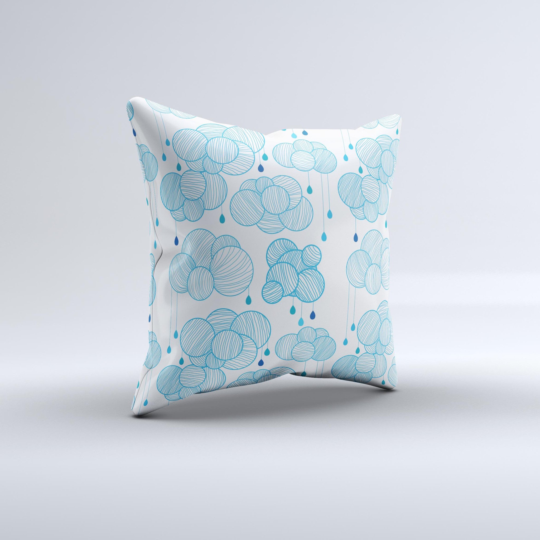 Handcrafted White and Blue Raining Yarn Clouds decorative throw pillow with high thread count fabric and unique design.