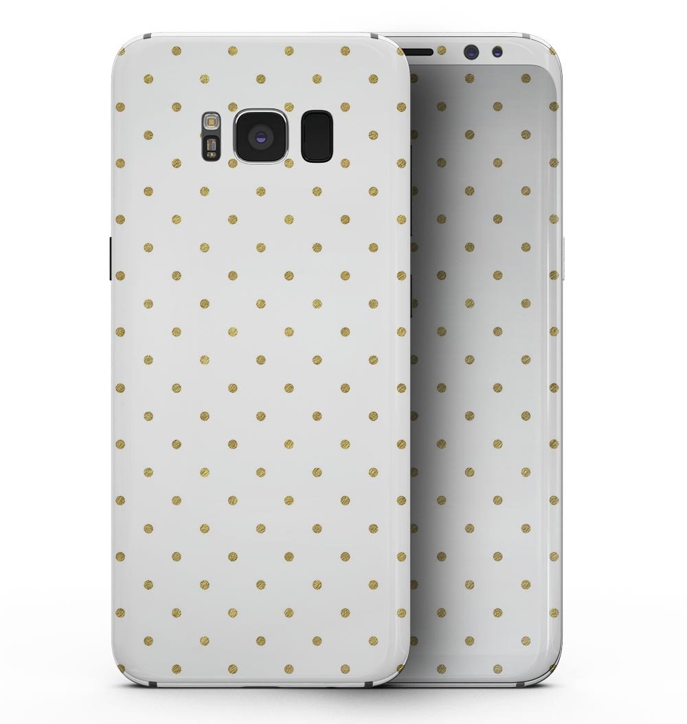 Samsung Galaxy S8 with White and Gold Foil Polka skin, showcasing a stylish design and full-body coverage.