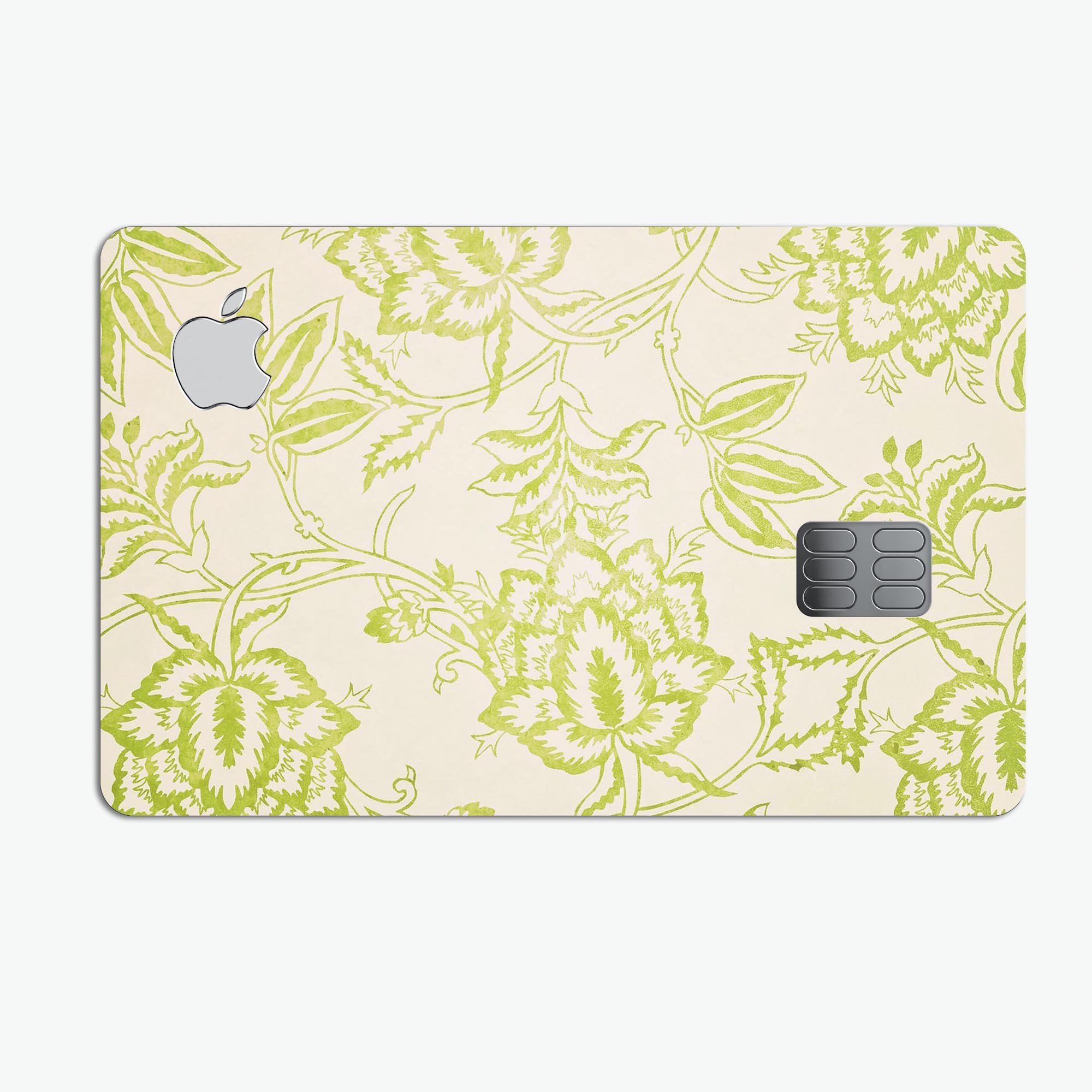 White and green floral damask pattern protective decal for Apple Card, showcasing its elegant design and premium quality.