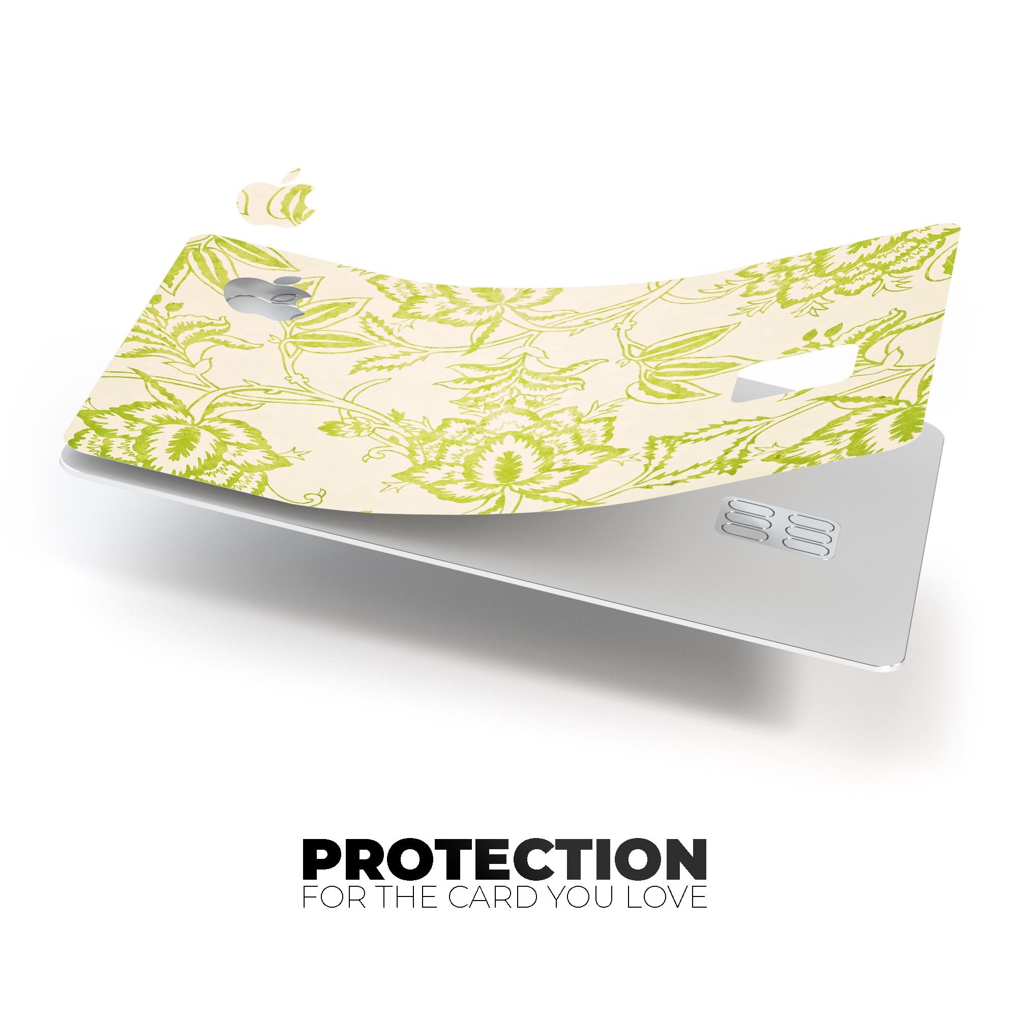 White and green floral damask pattern protective decal for Apple Card, showcasing its elegant design and premium quality.