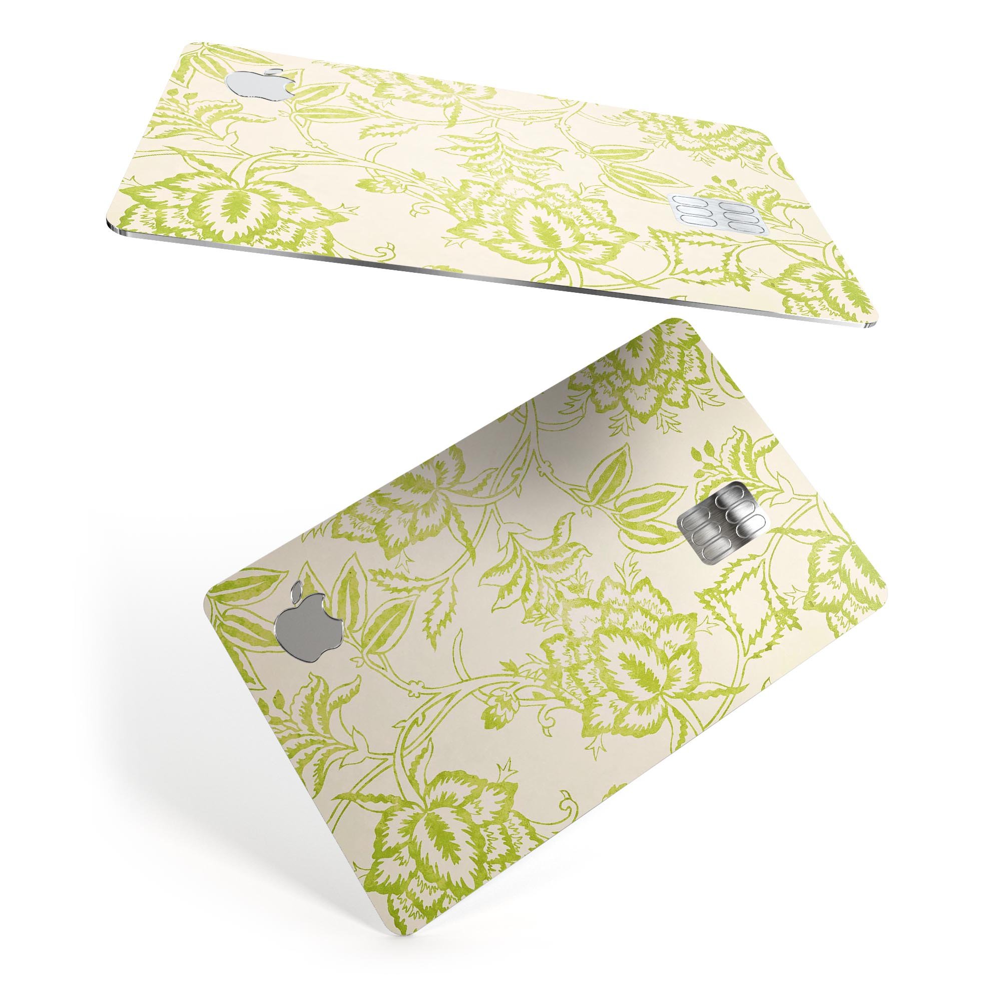 White and green floral damask pattern protective decal for Apple Card, showcasing its elegant design and premium quality.