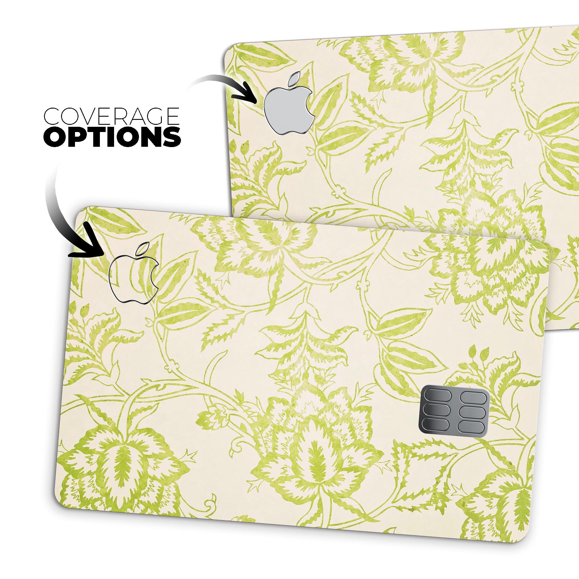 White and green floral damask pattern protective decal for Apple Card, showcasing its elegant design and premium quality.