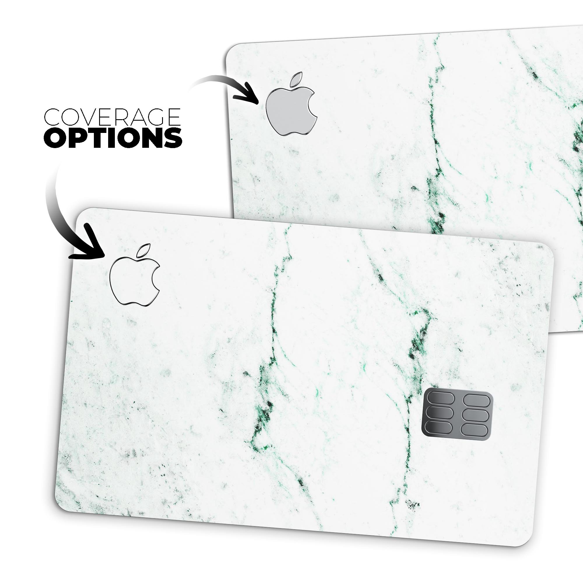 White and Green Marble Surface decal skin for Apple Card, showcasing its elegant design and premium quality.