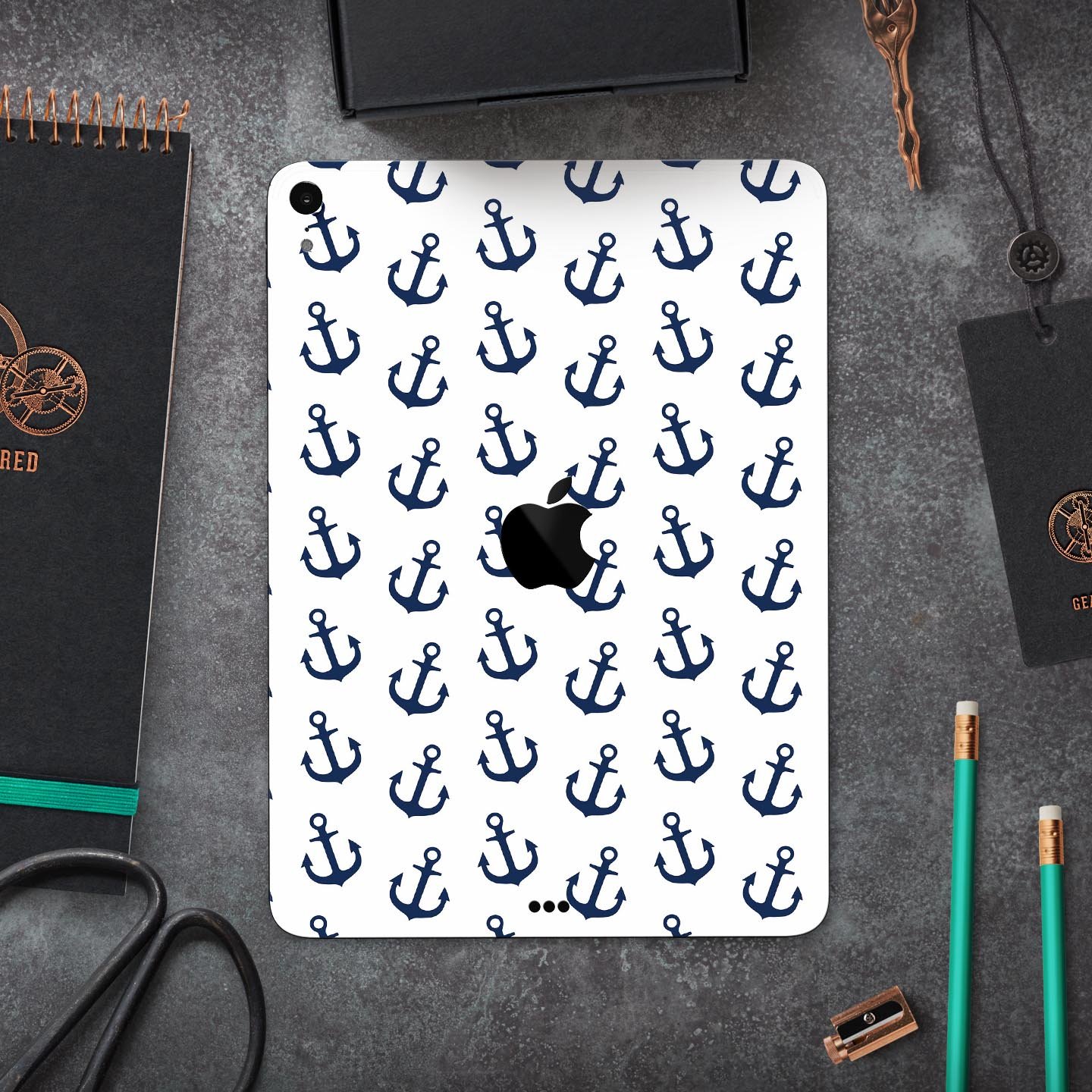 White and Navy Micro Anchors skin decal for Apple iPad, showcasing its sleek design and premium quality materials.