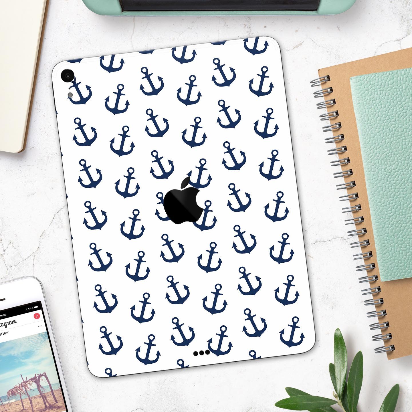 White and Navy Micro Anchors skin decal for Apple iPad, showcasing its sleek design and premium quality materials.