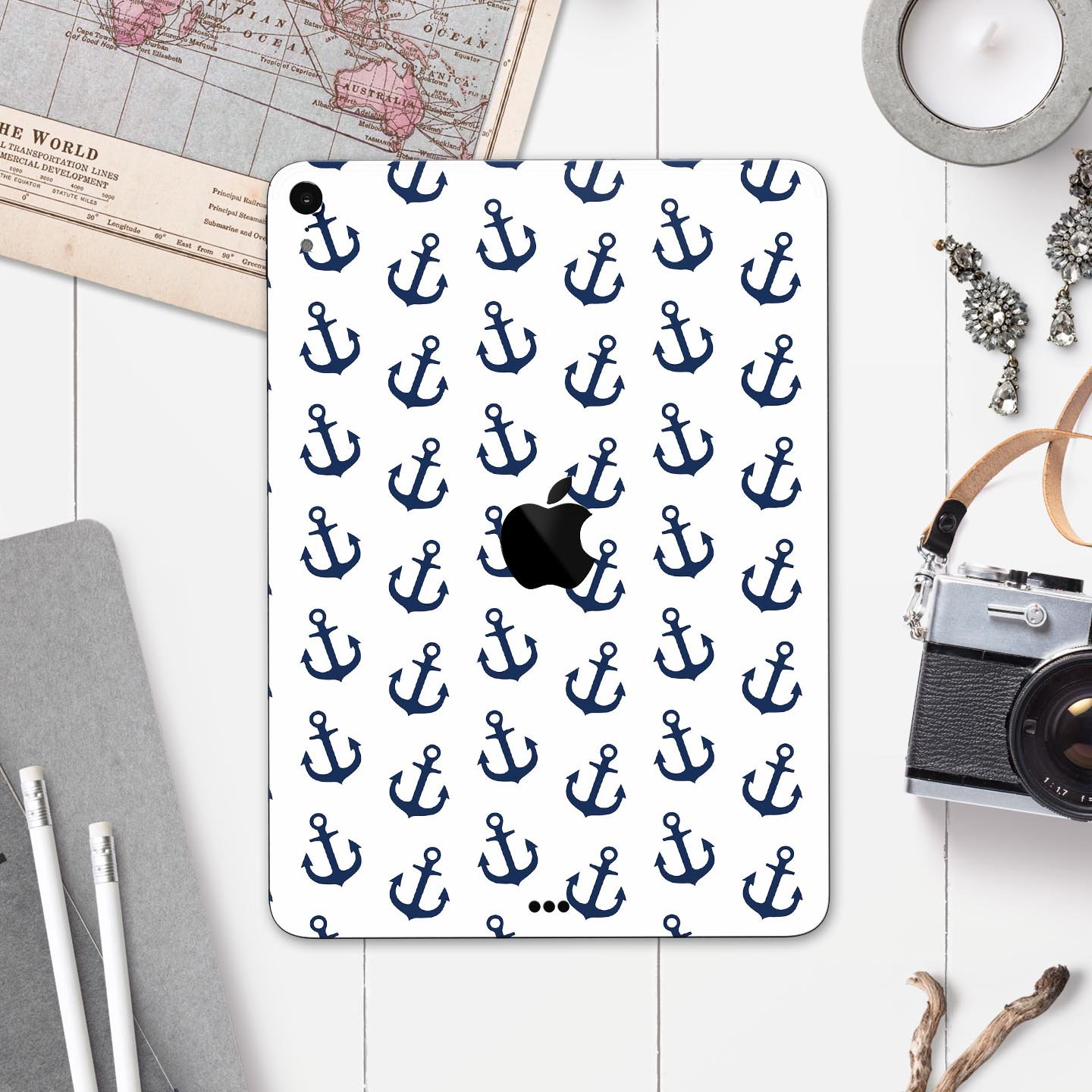 White and Navy Micro Anchors skin decal for Apple iPad, showcasing its sleek design and premium quality materials.