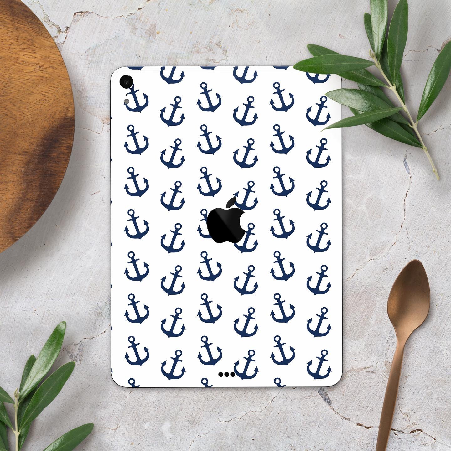 White and Navy Micro Anchors skin decal for Apple iPad, showcasing its sleek design and premium quality materials.