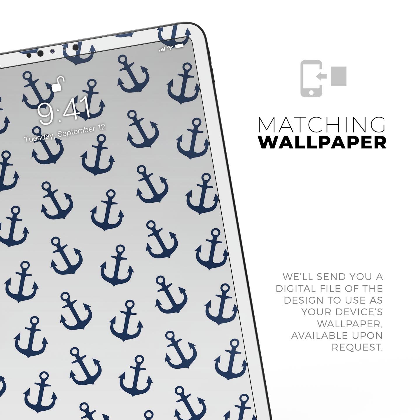 White and Navy Micro Anchors skin decal for Apple iPad, showcasing its sleek design and premium quality materials.