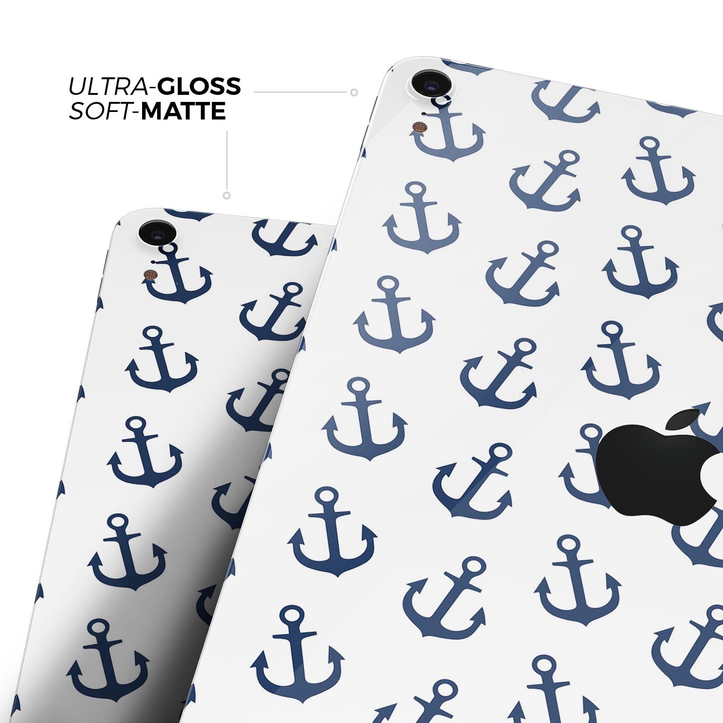 White and Navy Micro Anchors skin decal for Apple iPad, showcasing its sleek design and premium quality materials.