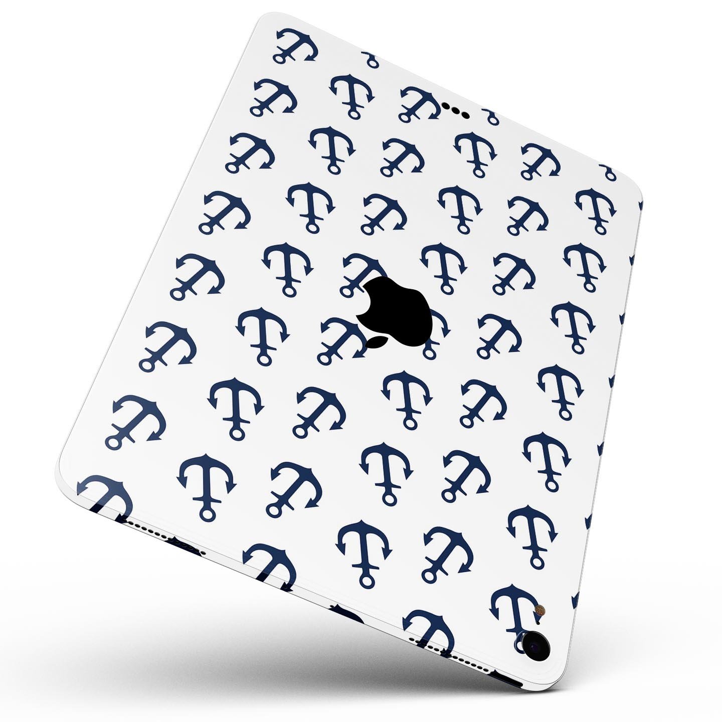 White and Navy Micro Anchors skin decal for Apple iPad, showcasing its sleek design and premium quality materials.