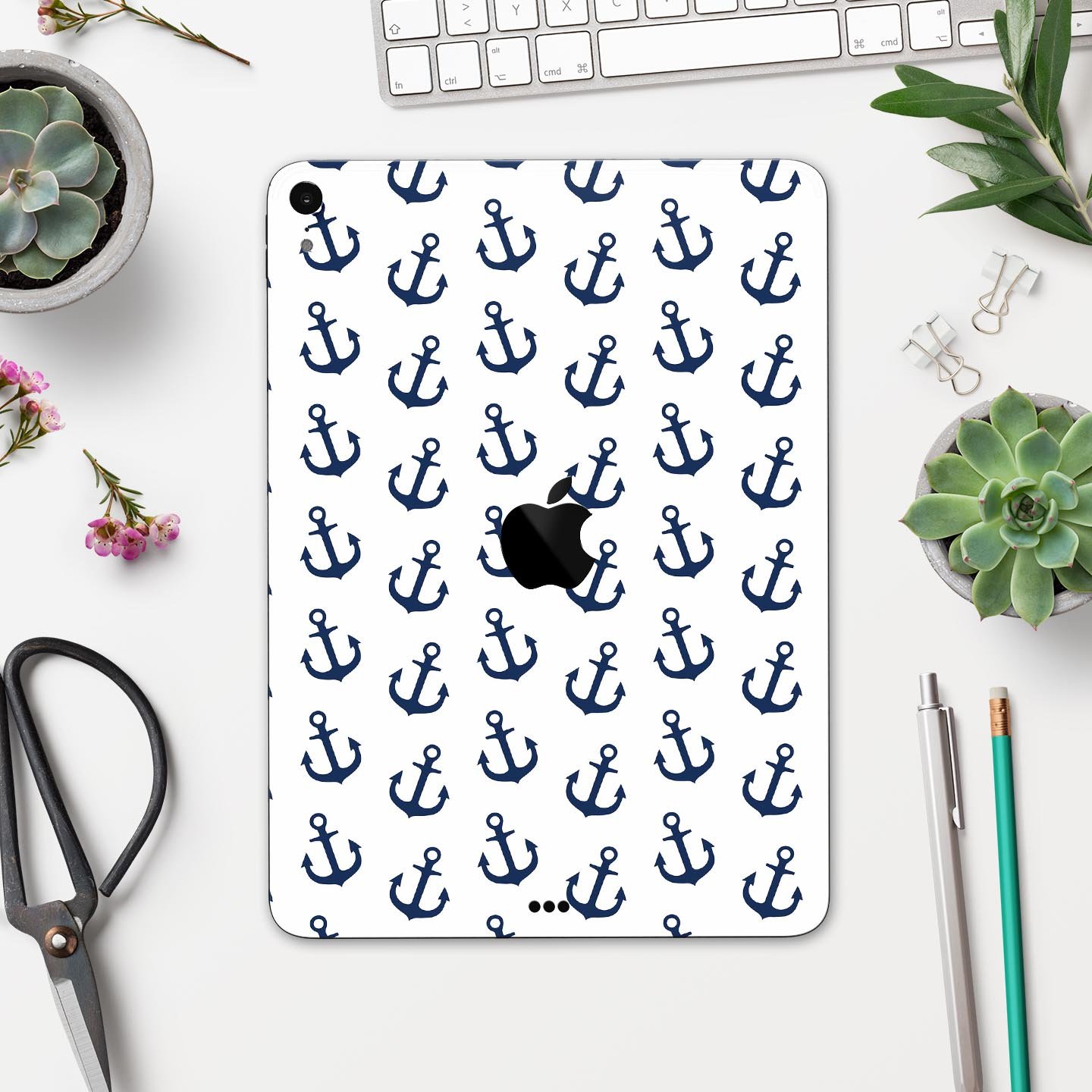 White and Navy Micro Anchors skin decal for Apple iPad, showcasing its sleek design and premium quality materials.