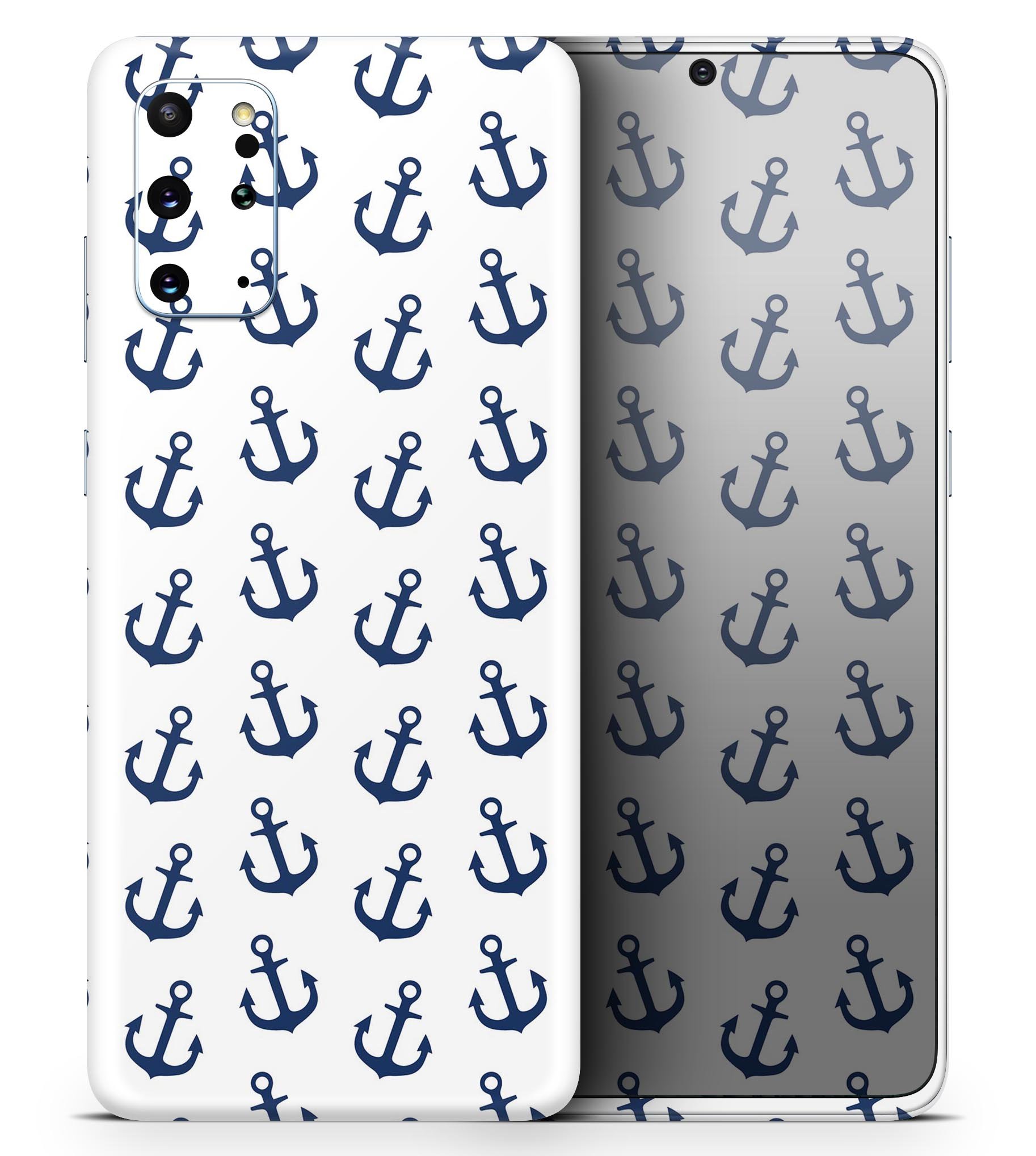 White and Navy Micro Anchors Skin-Kit for Samsung Galaxy S20, showcasing stylish design and premium vinyl material.