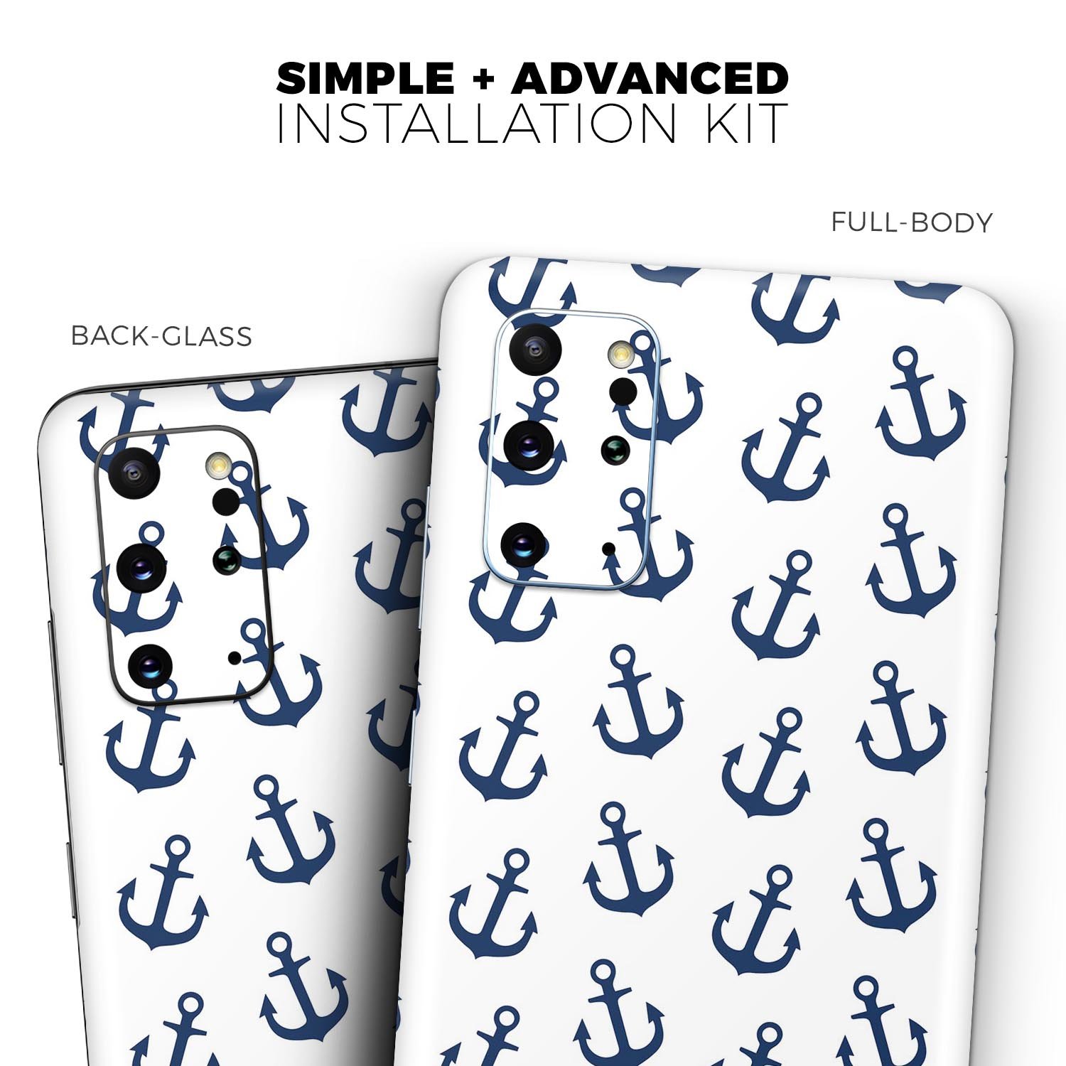 White and Navy Micro Anchors Skin-Kit for Samsung Galaxy S20, showcasing stylish design and premium vinyl material.