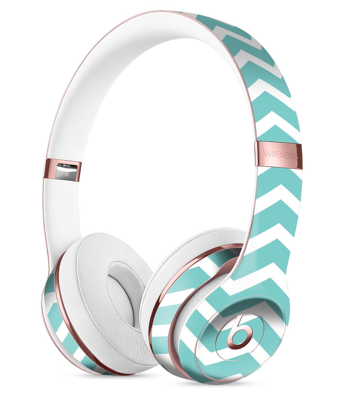 White and teal chevron stripes skin kit for Beats by Dre Solo 3 Wireless Headphones, showcasing vibrant colors and precise cut.